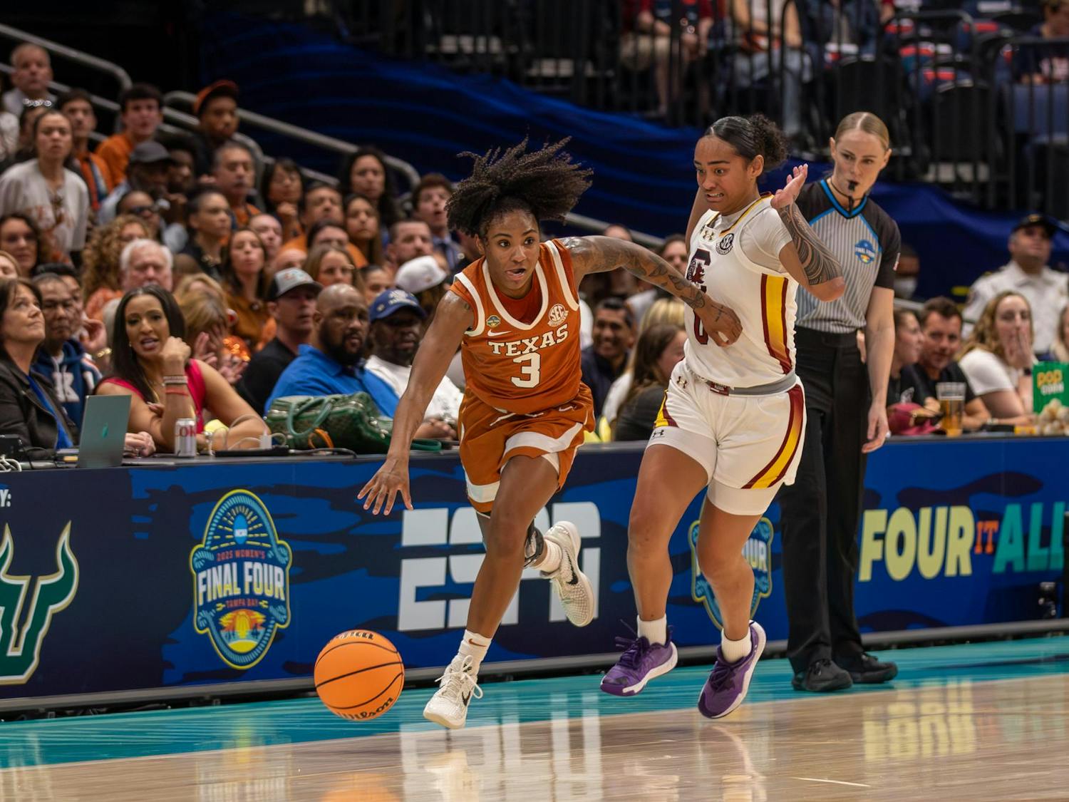Senior guard Te-Hina Paopao defends a Texas player in transition on April 4, 2025 at Amalie Arena. Paopao led the Gamecocks in scoring, with a total of 14 points in 25 minutes played.