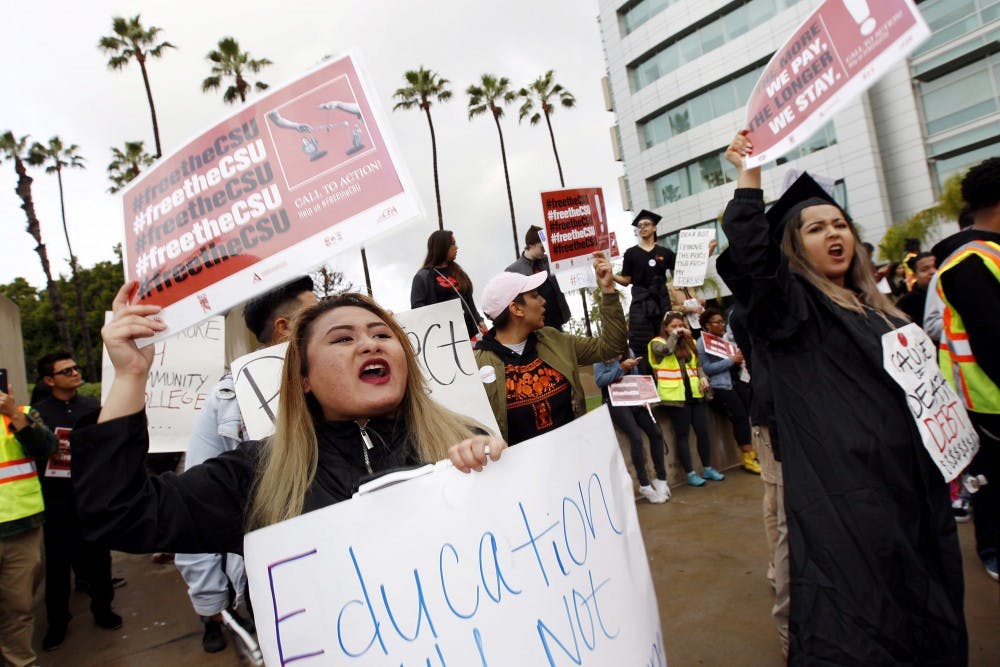 Students from across the system's 23 campuses protest outside the Cal State trustees board meeeting Wednesday, March 22, 2017 in Long Beach, Calif. (Iran Khan/Los Angeles Times/TNS)
