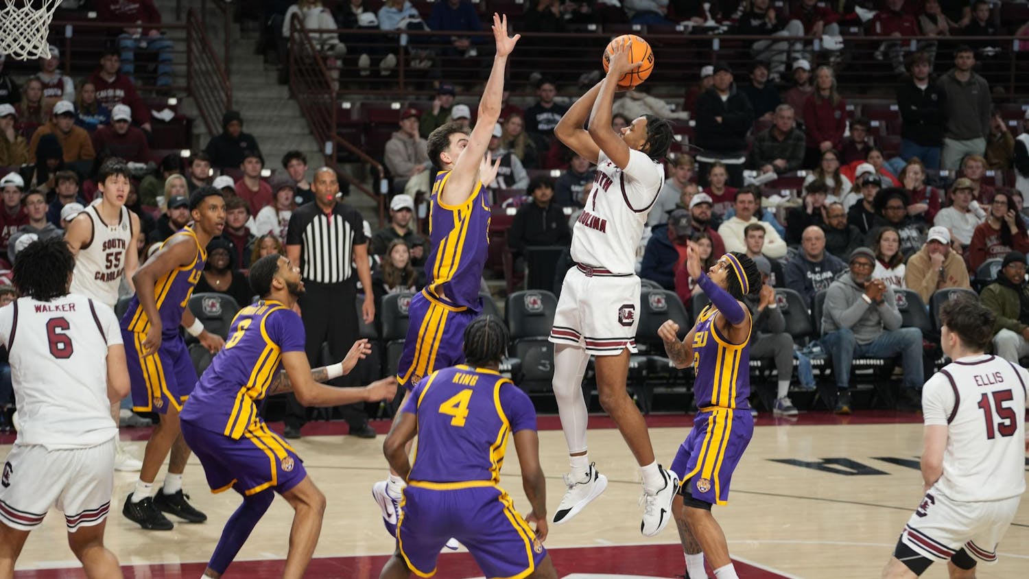 South Carolina redshirt senior guard Kobe Knox elevates for a mid-range jumper as multiple LSU defenders contest the shot during the Gamecocks’ overtime loss to the Tigers at Colonial Life Arena on Jan. 31, 2026. The crowded paint and physical defense defined the intensity of the matchup.
