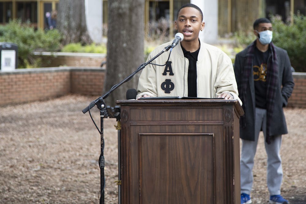 Dyrek Hamilton, the vice president of Alpha Phi Alpha’s Theta Nu chapter, speaks during the NAACP press conference.