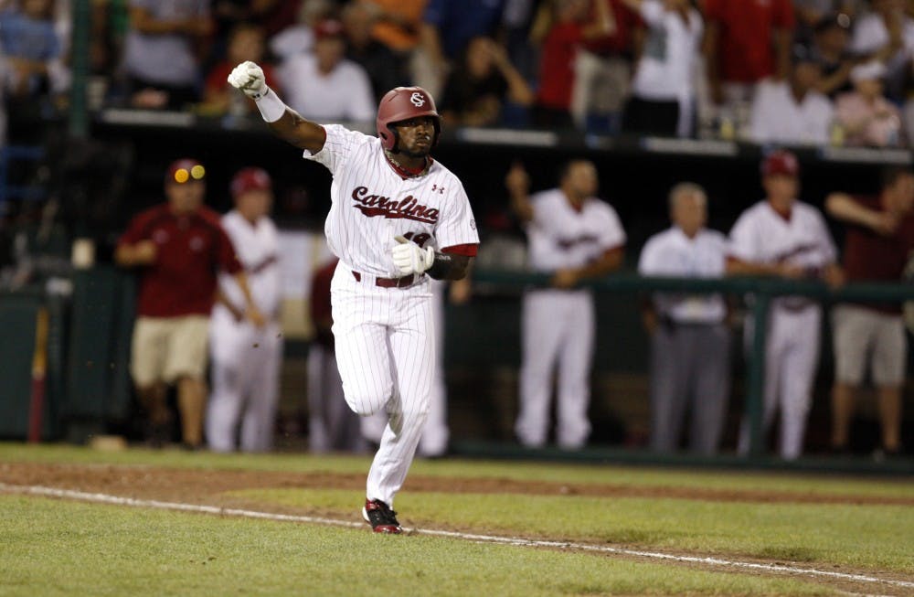 South Carolina's Jackie Bradley Jr. celebrates his hit in the 12th inning against Oklahoma during the College World Series at Rosenblatt Stadium in Omaha, Nebraska, Thursday, June 24, 2010. (Gerry Melendez/The State/MCT)