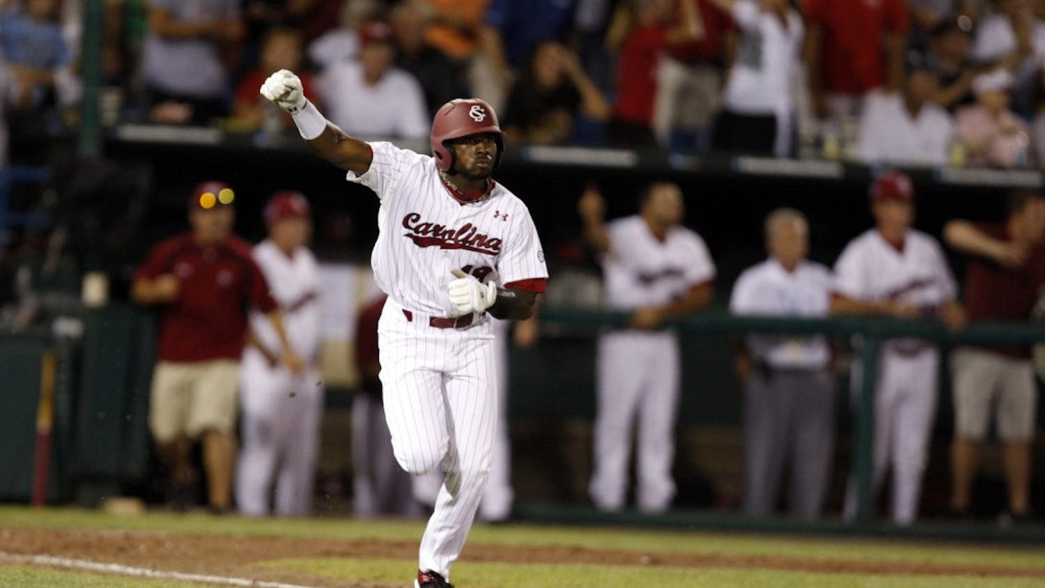 South Carolina's Jackie Bradley Jr. celebrates his hit in the 12th inning against Oklahoma during the College World Series at Rosenblatt Stadium in Omaha, Nebraska, Thursday, June 24, 2010. (Gerry Melendez/The State/MCT)