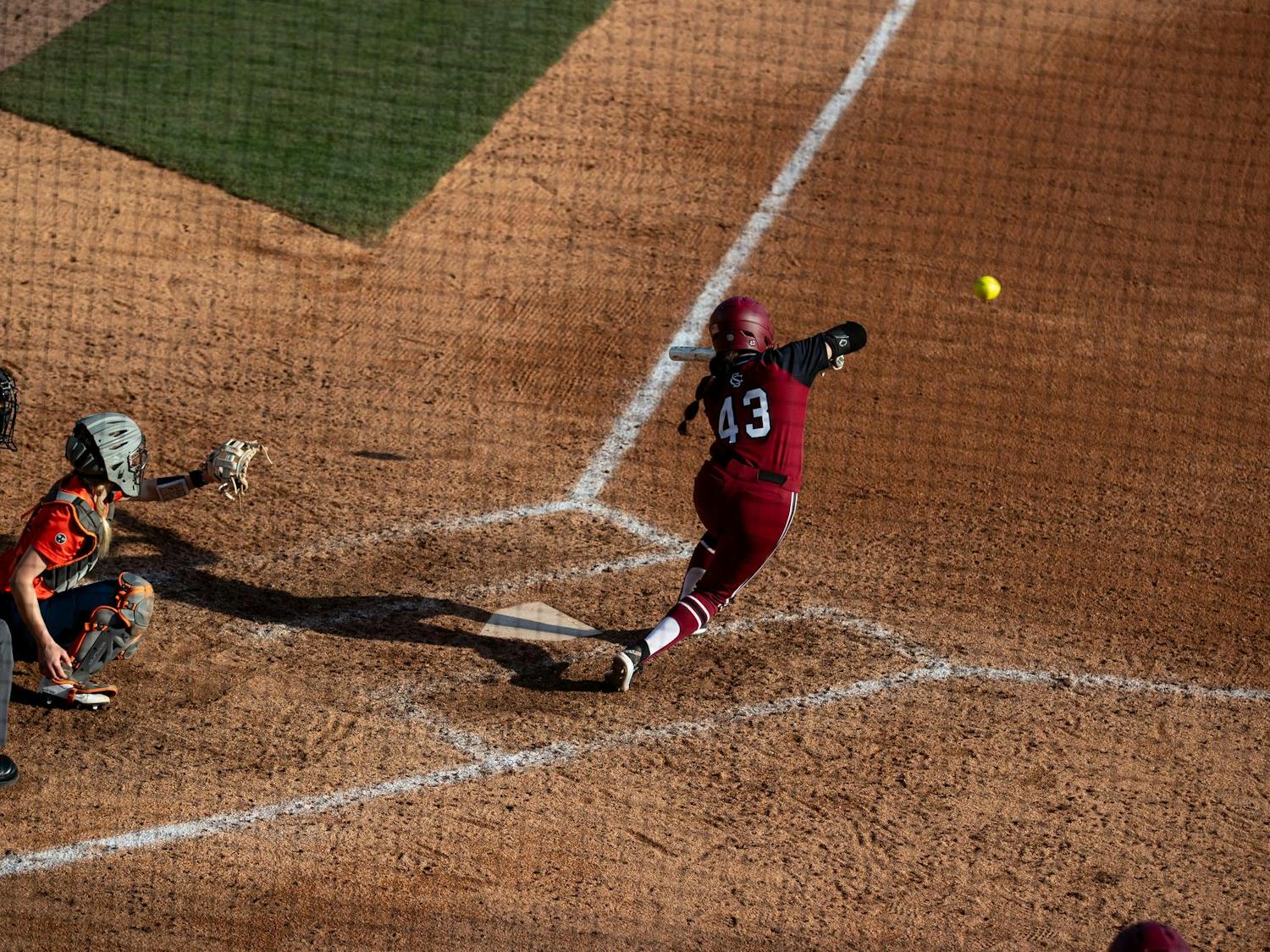 Redshirt junior utility player Quincee Lilio lays down on bunt against Virginia on Feb. 7, 2025. Lilio transferred after playing for the national champions Oklahoma.