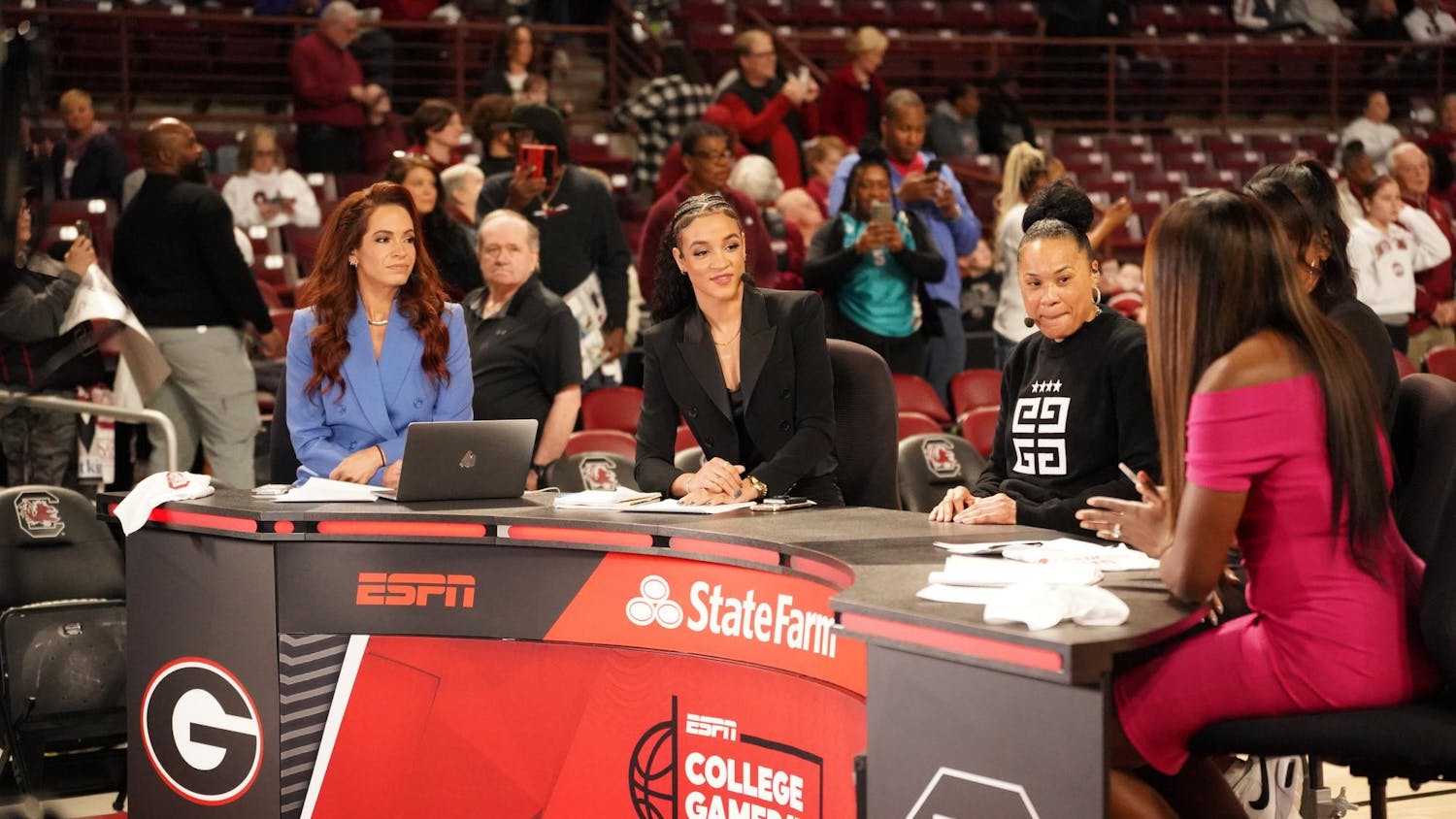 Head coach Dawn Staley speaks as a guest on ESPN College GameDay before South Carolina's matchup against Georgia at Colonial Life Arena on Feb. 18, 2024. The Gamecocks defeated the Bulldogs 70-56.