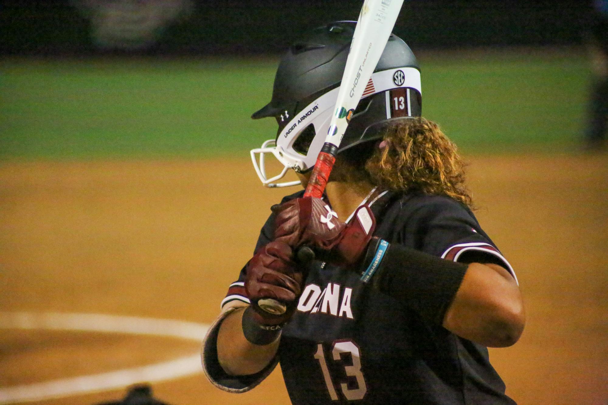 FILE—Junior infielder Zoe Laneaux steps up to the batter's box to maintain the momentum of the Gamecock offense at Carolina Softball Stadium at Beckham Field on March 1, 2023. South Carolina took home a victory against North Carolina 9-1.