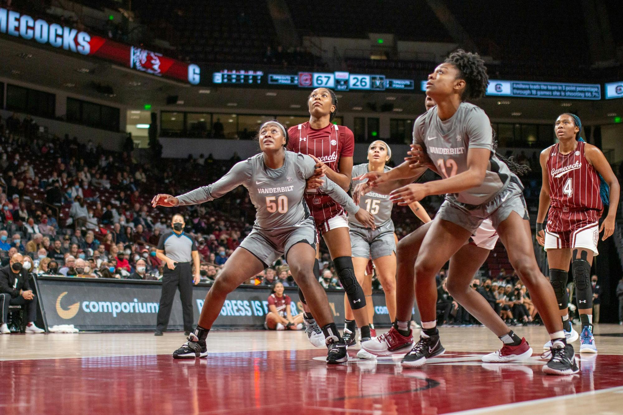 Freshman Guard Bree Hall attempts to go for an offensive rebound in case the free throw misses during a game on January 24, 2022 at Colonial Life Arena. The Gamecocks dominated both halves, defeating Vanderbilt 85-30. 