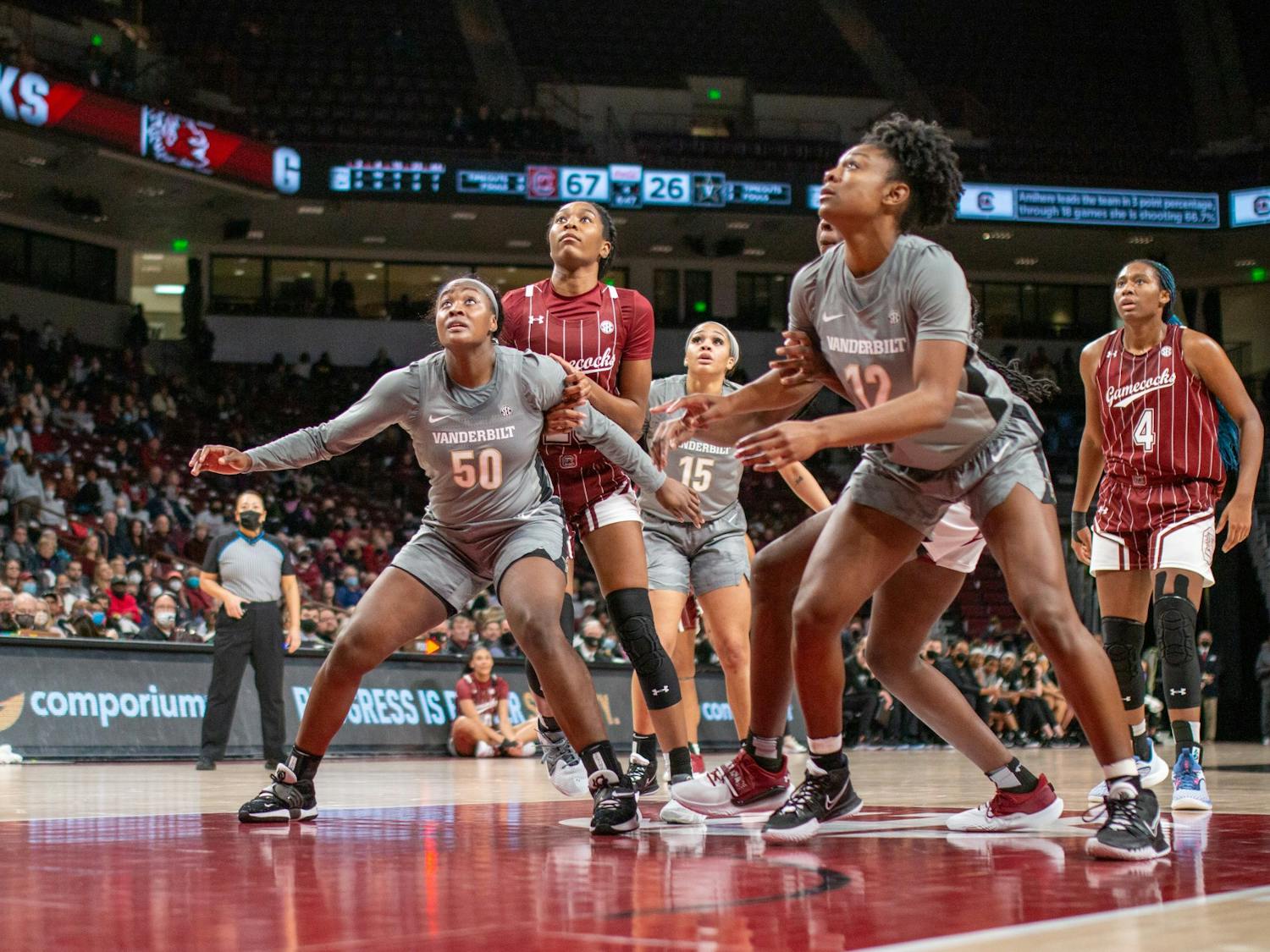 Freshman Guard Bree Hall attempts to go for an offensive rebound in case the free throw misses during a game on January 24, 2022 at Colonial Life Arena. The Gamecocks dominated both halves, defeating Vanderbilt 85-30. 