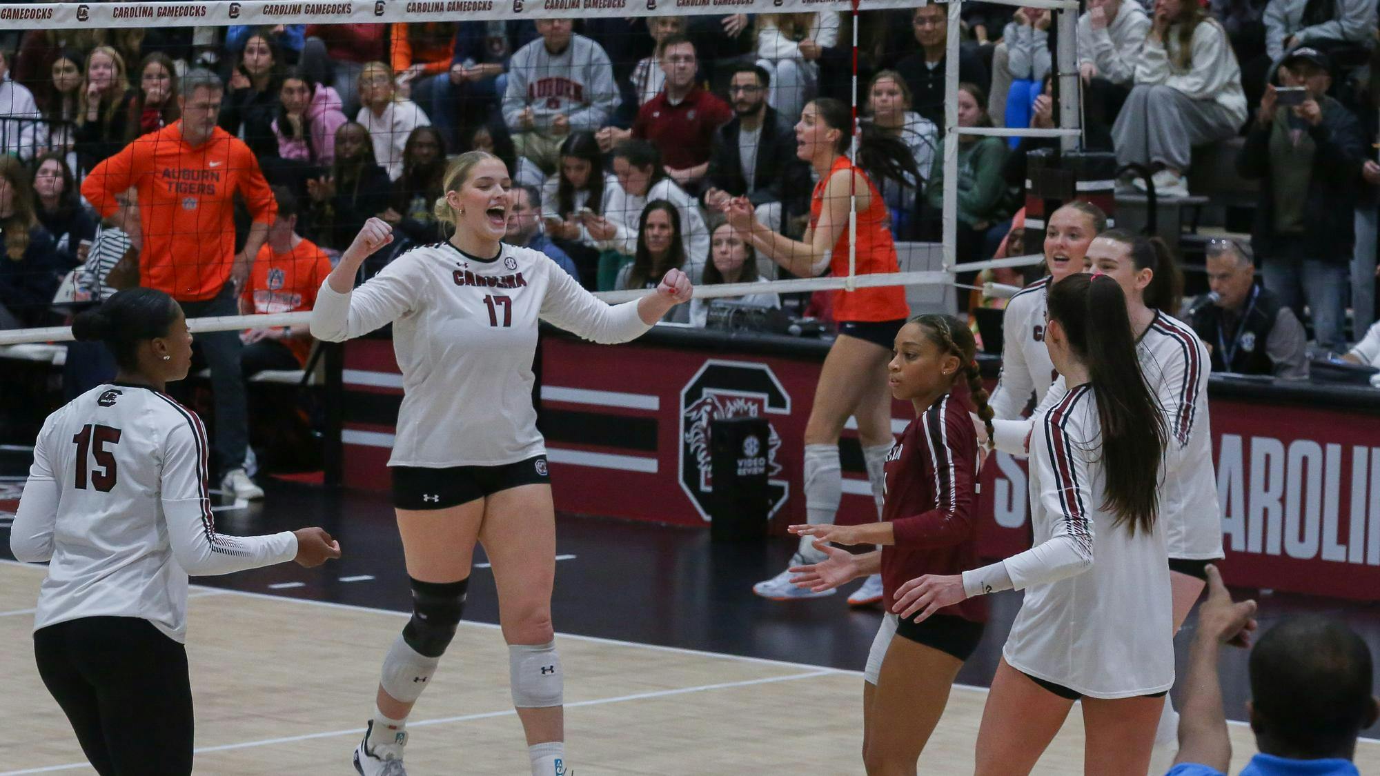 Senior middle Emily Beeker cheers after winning the point during the game against Auburn on Oct. 29, 2025, at the Carolina Volleyball Center. The Gamecocks ended up losing to the Tigers 3-1.