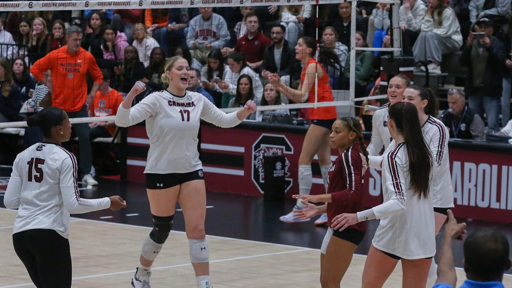 <p>Senior middle Emily Beeker cheers after winning the point during the game against Auburn on Oct. 29, 2025, at the Carolina Volleyball Center. The Gamecocks ended up losing to the Tigers 3-1.</p>