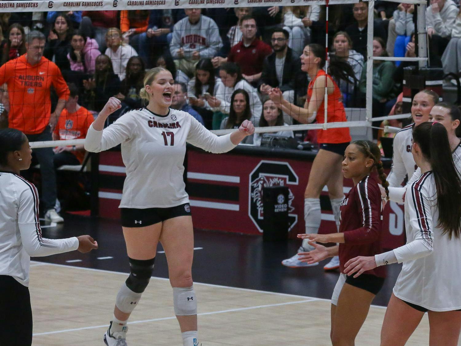 Senior middle Emily Beeker cheers after winning the point during the game against Auburn on Oct. 29, 2025, at the Carolina Volleyball Center. The Gamecocks ended up losing to the Tigers 3-1.