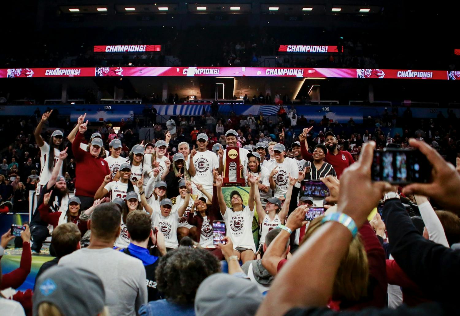 The South Carolina women's basketball team celebrates its national championship win against UConn on April 3, 2022. Since the win, two Gamecocks have announced plans to enter the transfer portal and one transfer guard committed to South Carolina.&nbsp;