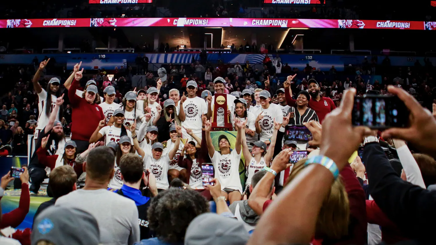 The South Carolina women's basketball team celebrates its national championship win against UConn on April 3, 2022. Since the win, two Gamecocks have announced plans to enter the transfer portal and one transfer guard committed to South Carolina. 
