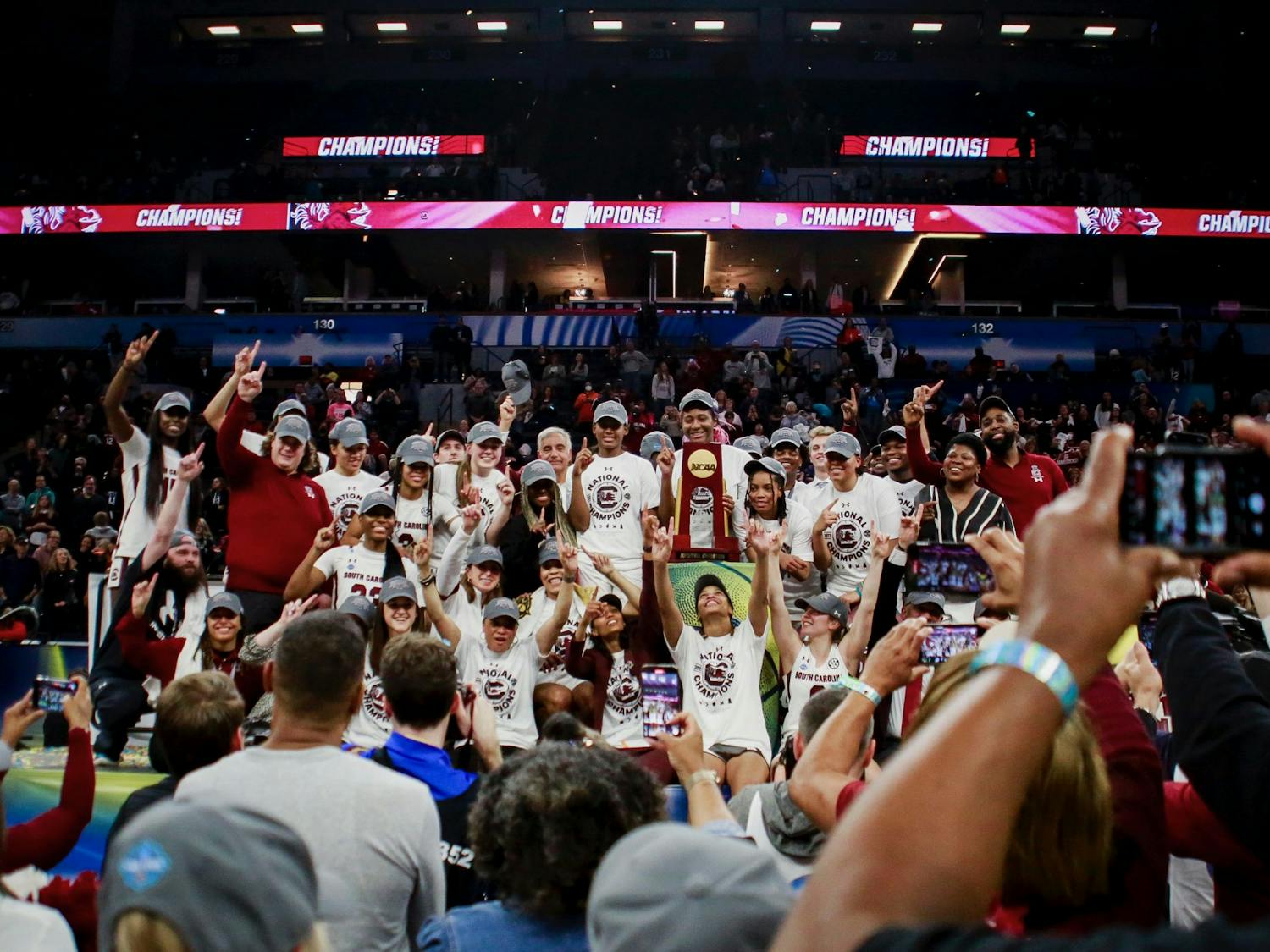 The South Carolina women's basketball team celebrates its national championship win against UConn on April 3, 2022. Since the win, two Gamecocks have announced plans to enter the transfer portal and one transfer guard committed to South Carolina.&nbsp;
