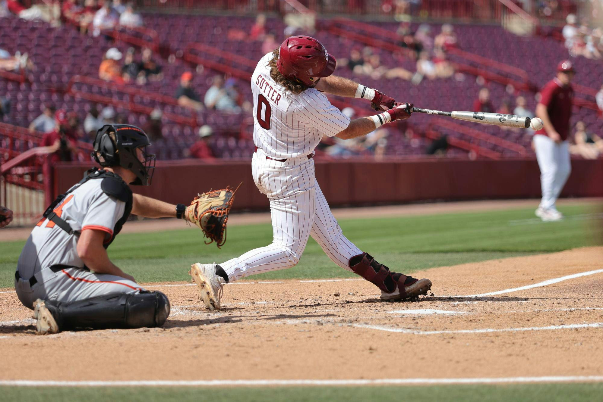 FILE — Fifth-year infielder Logan Sutter swings at the ball during South Carolina’s game against Princeton at Founders Park on March 7, 2026. The Gamecocks fell to the Texas Longhorns 4-1 on April 4, 2026.