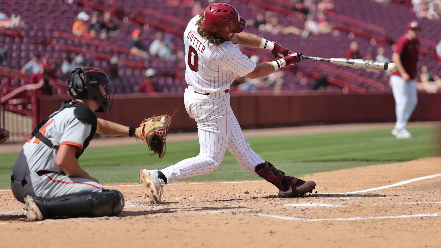 FILE — Fifth-year infielder Logan Sutter swings at the ball during South Carolina’s game against Princeton at Founders Park on March 7, 2026. The Gamecocks fell to the Texas Longhorns 4-1 on April 4, 2026.