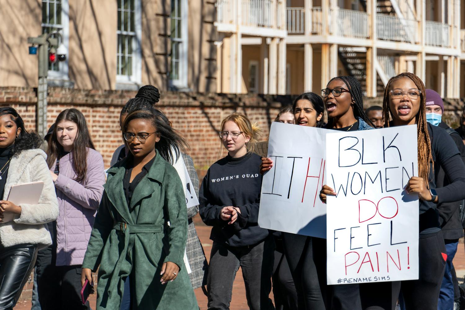 Protesters walk from Greene St. to the Statehouse on Feb. 5, 2022. Members of the NAACP, 鶹С򽴫ý students, and community members joined in the statehouse walk to protest the university's upkeep of the Heritage Act.