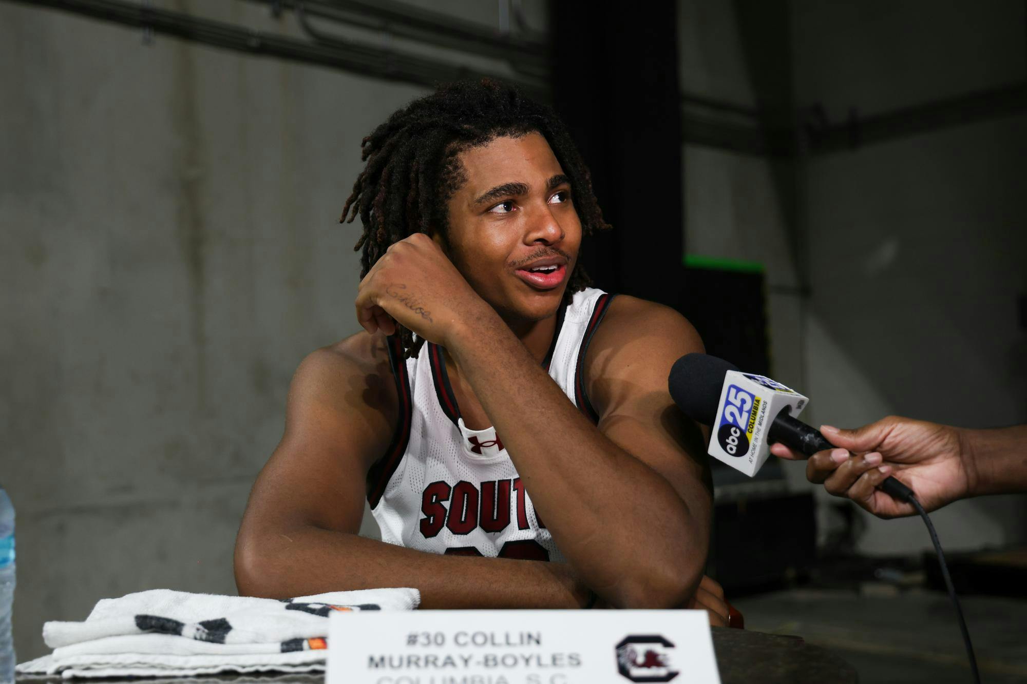 FILE – Sophomore forward Collin Murray-Boyles talks to a reporter after a team practice on Oct. 21, 2024 at Colonial Life Arena. The South Carolina native averaged 10.4 points per game in 28 games for the Gamecocks last season, helping the team land a spot in the March Madness tournament for the first time since the 2016 season.