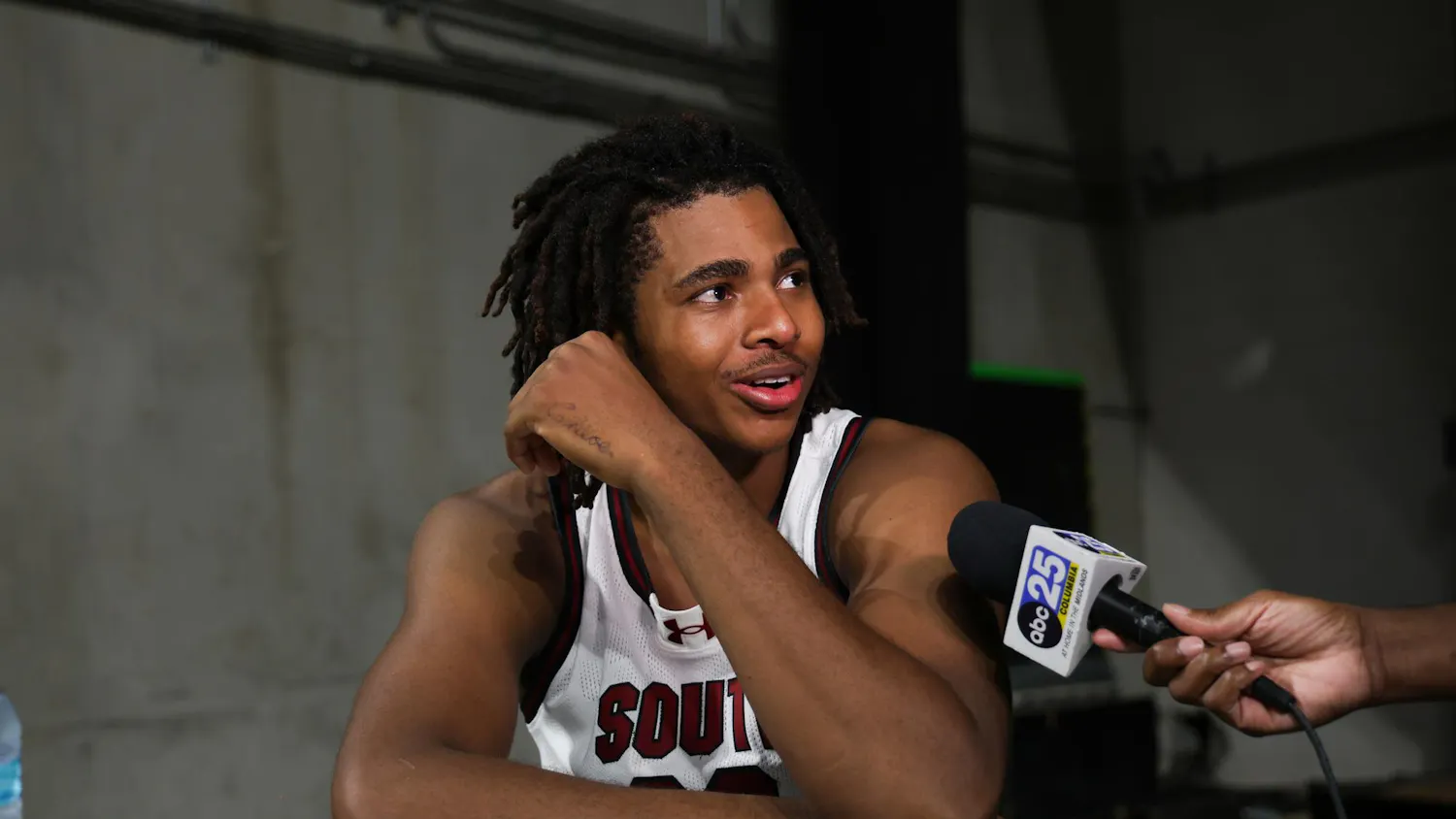 FILE – Sophomore forward Collin Murray-Boyles talks to a reporter after a team practice on Oct. 21, 2024 at Colonial Life Arena. The South Carolina native averaged 10.4 points per game in 28 games for the Gamecocks last season, helping the team land a spot in the March Madness tournament for the first time since the 2016 season.