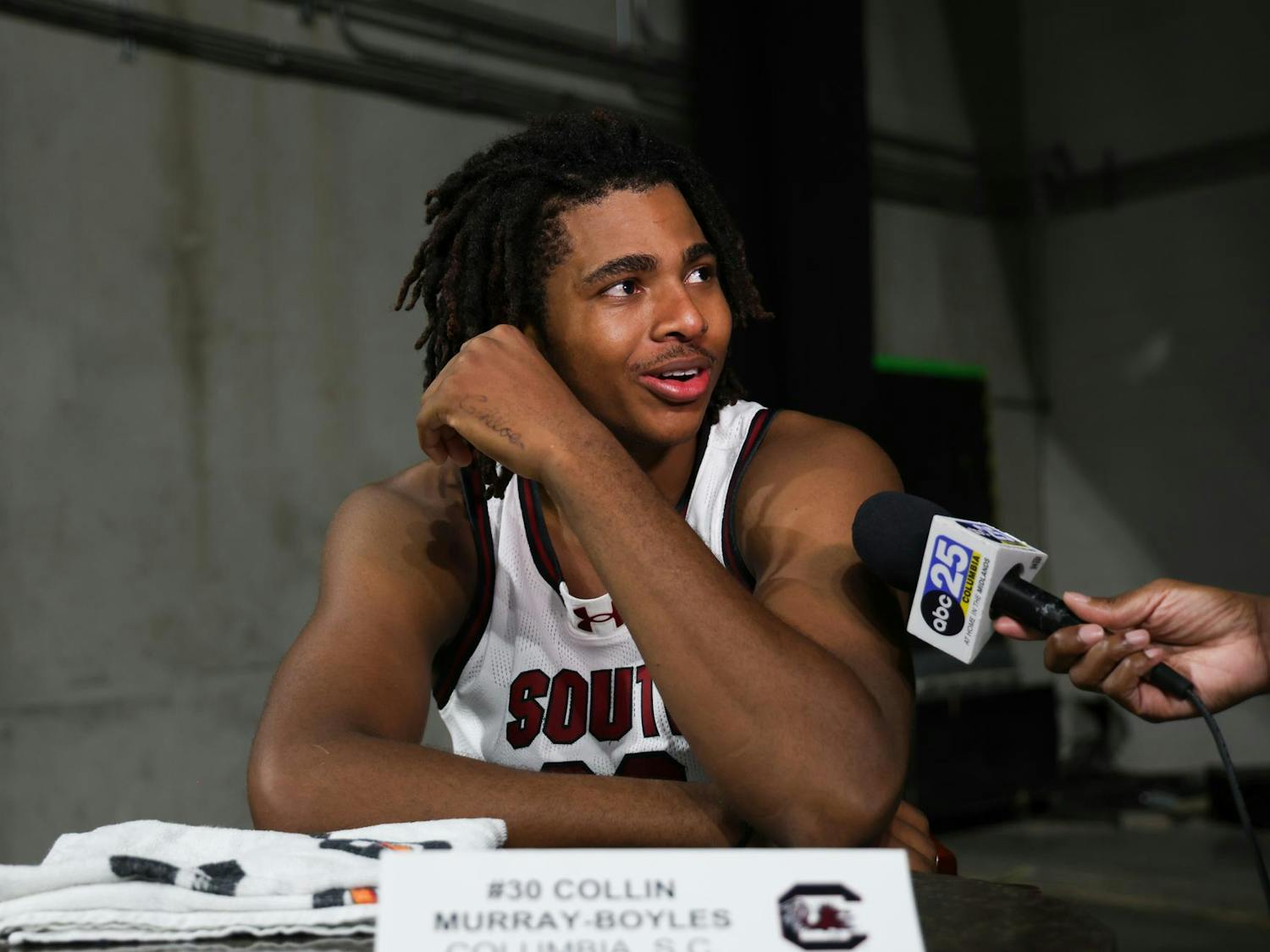 FILE – Sophomore forward Collin Murray-Boyles talks to a reporter after a team practice on Oct. 21, 2024 at Colonial Life Arena. The South Carolina native averaged 10.4 points per game in 28 games for the Gamecocks last season, helping the team land a spot in the March Madness tournament for the first time since the 2016 season.