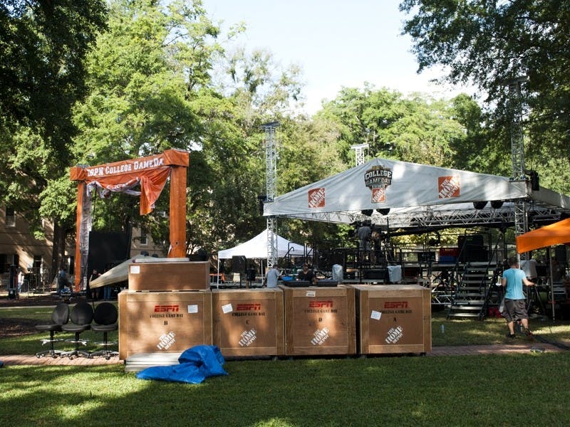 ESPN's College GameDay sets up on the Horseshoe Thursday.