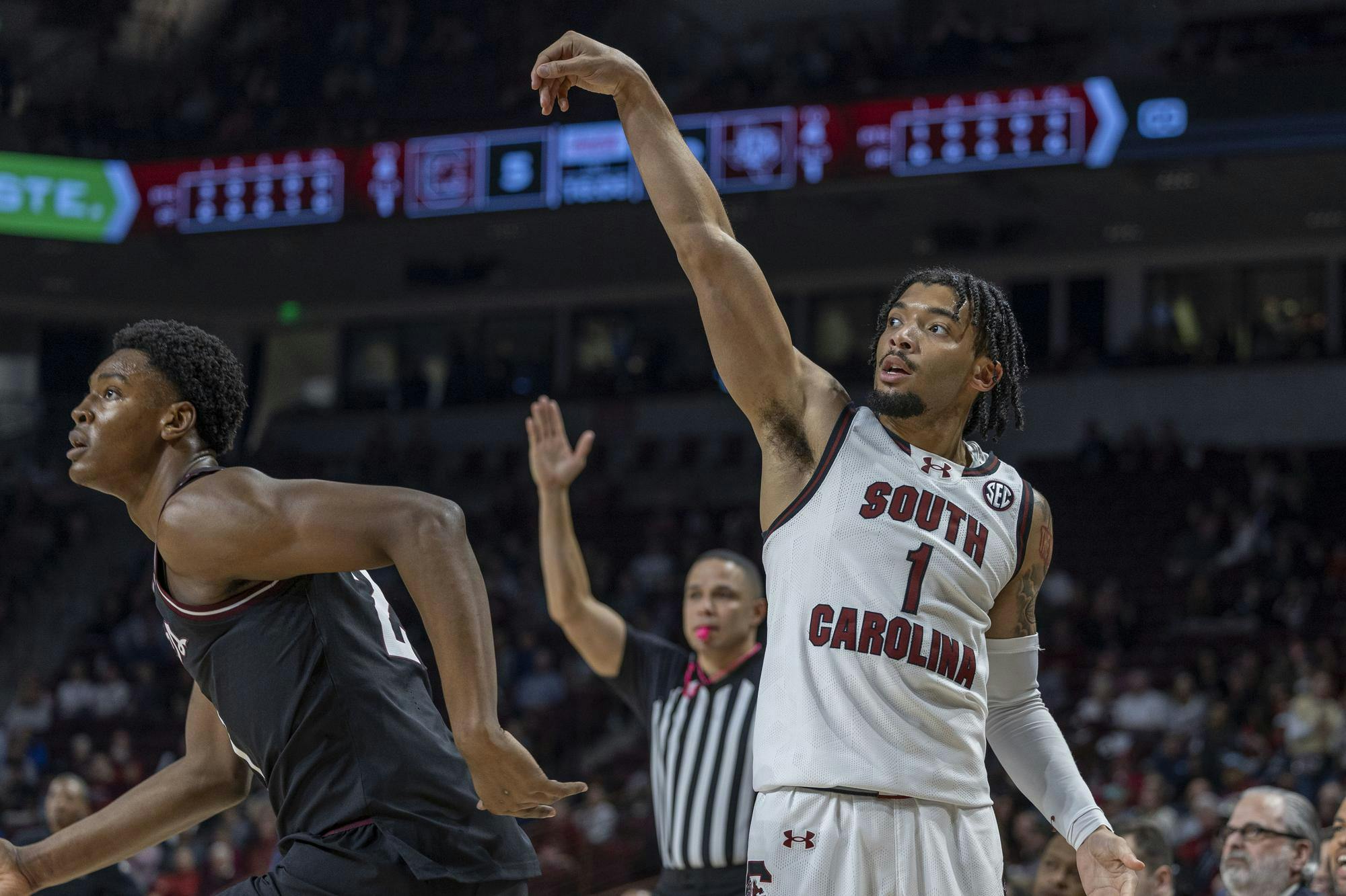 Senior guard Jacobi Wright finishes a 3 point attempt during the Gamecocks’ matchup against No. 13 Texas A&M at Colonial Life Arena on Feb. 1, 2025. Wright scored 3 points for the Gamecocks during their 76-72 loss to the Aggies. 