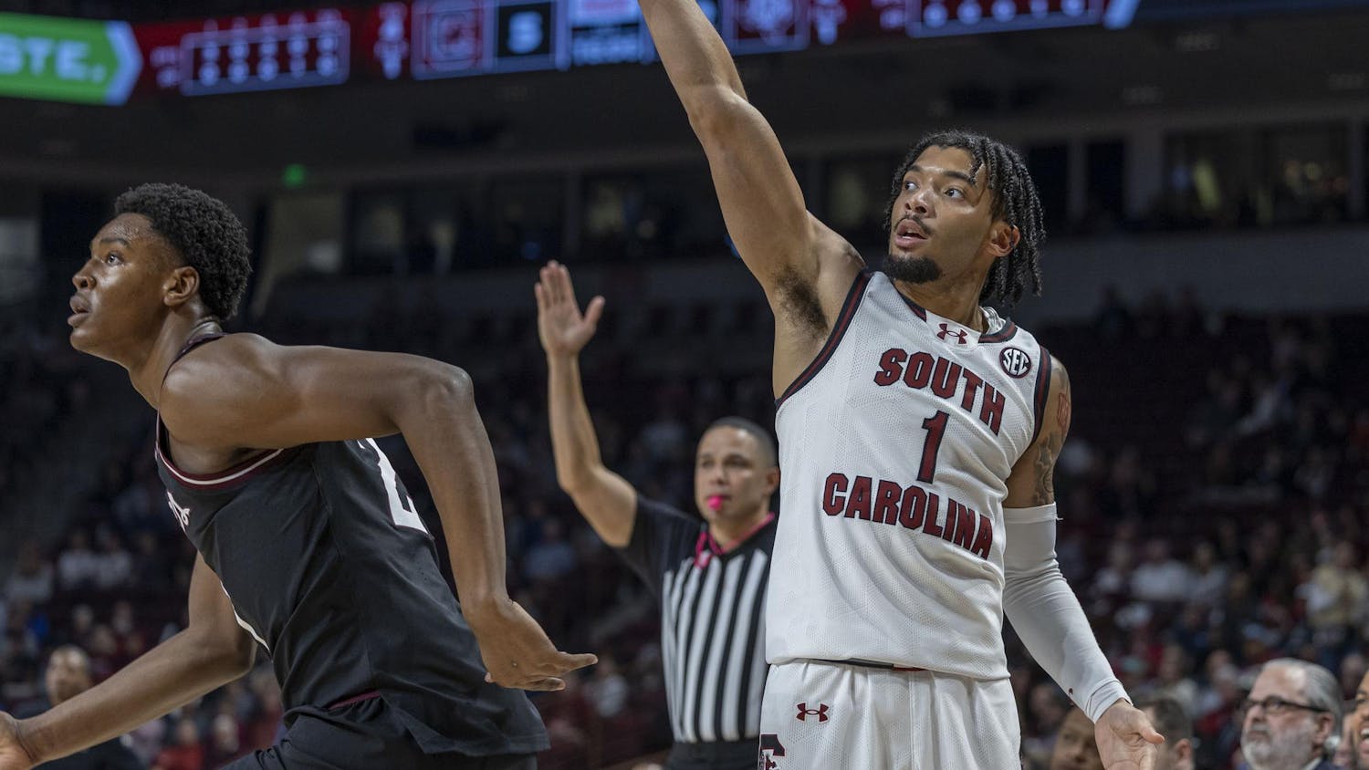Senior guard Jacobi Wright finishes a 3 point attempt during the Gamecocks’ matchup against No. 13 Texas A&M at Colonial Life Arena on Feb. 1, 2025. Wright scored 3 points for the Gamecocks during their 76-72 loss to the Aggies.