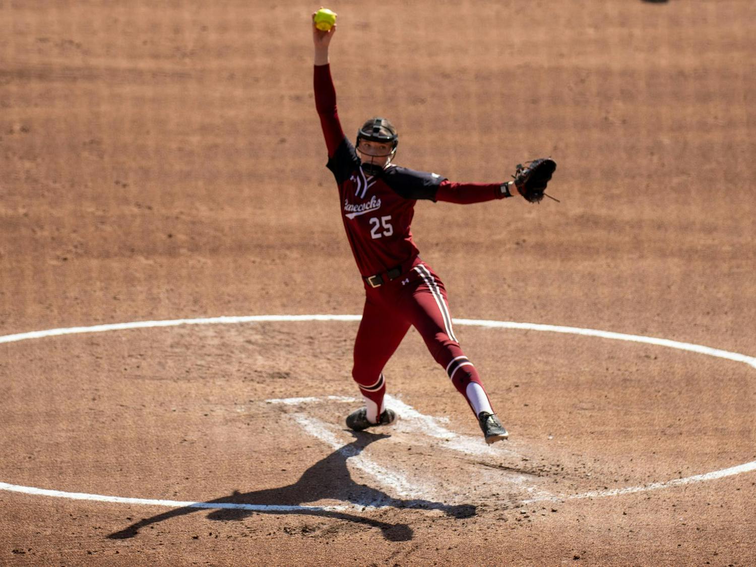 Junior pitcher Jori heard throws a pitch to a Texas Tech batter on March. 22, 2025. Heard allowed two hits and walked one batter.