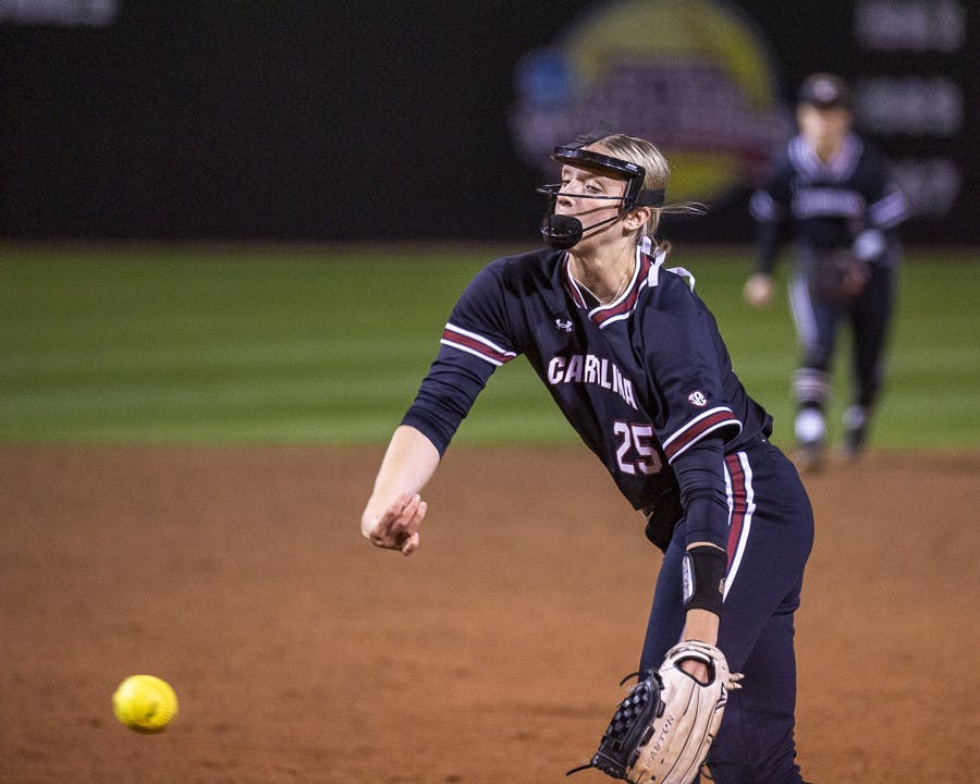 Freshman pitcher Jodi Heard pitches the ball to LSU's batter during the second game of the doubleheader against the Tigers at Beckham Field on March 13, 2023. The Tigers beat the Gamecocks 5-1.