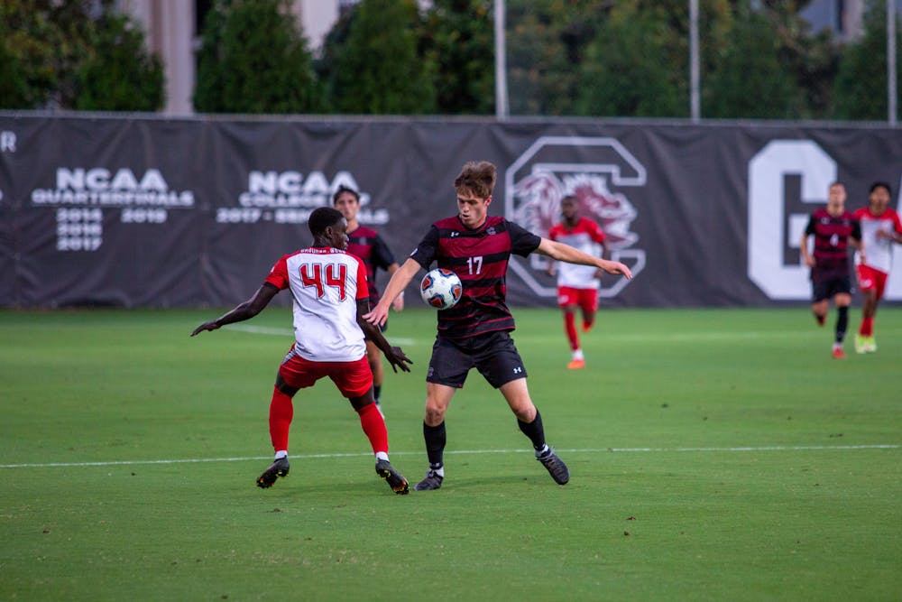 FILE — Junior forward Logan Frost on the field during the game against Gardner-Webb. The Gamecocks beat the Bulldogs 1-0 on Sept. 28, 2021 in Columbia, SC.