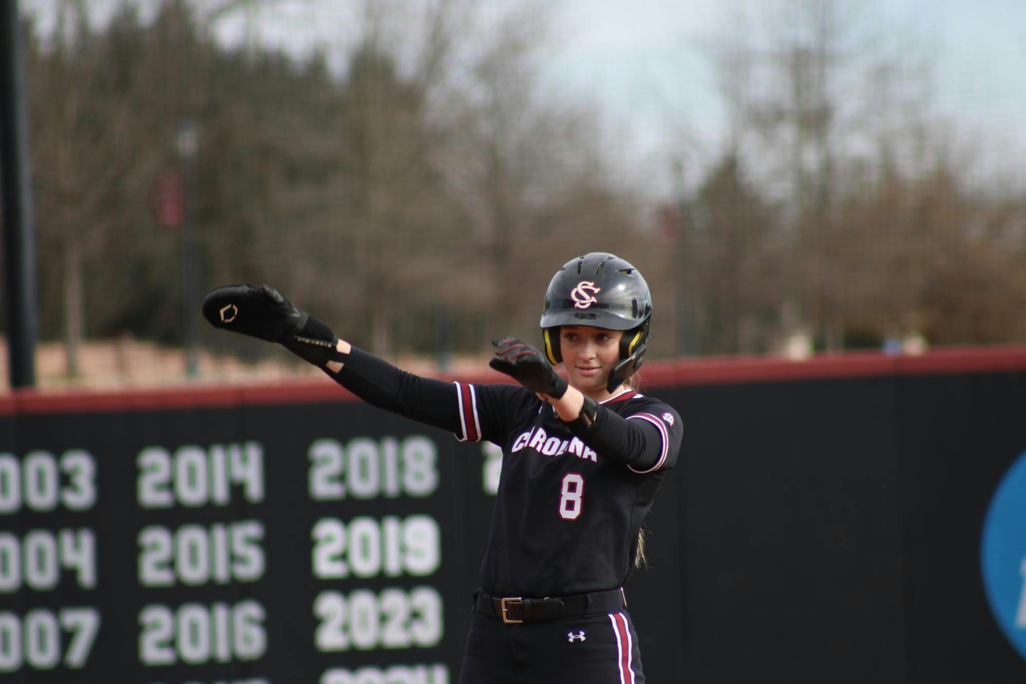 Sophomore infielder Tate Davis shows some dance moves on second&nbsp;base&nbsp;during the softball game against&nbsp;Binghamton&nbsp;at the Carolina Softball Stadium on Feb. 8, 2026.&nbsp;The Gamecocks won with a final score of 9-1.&nbsp;&nbsp;