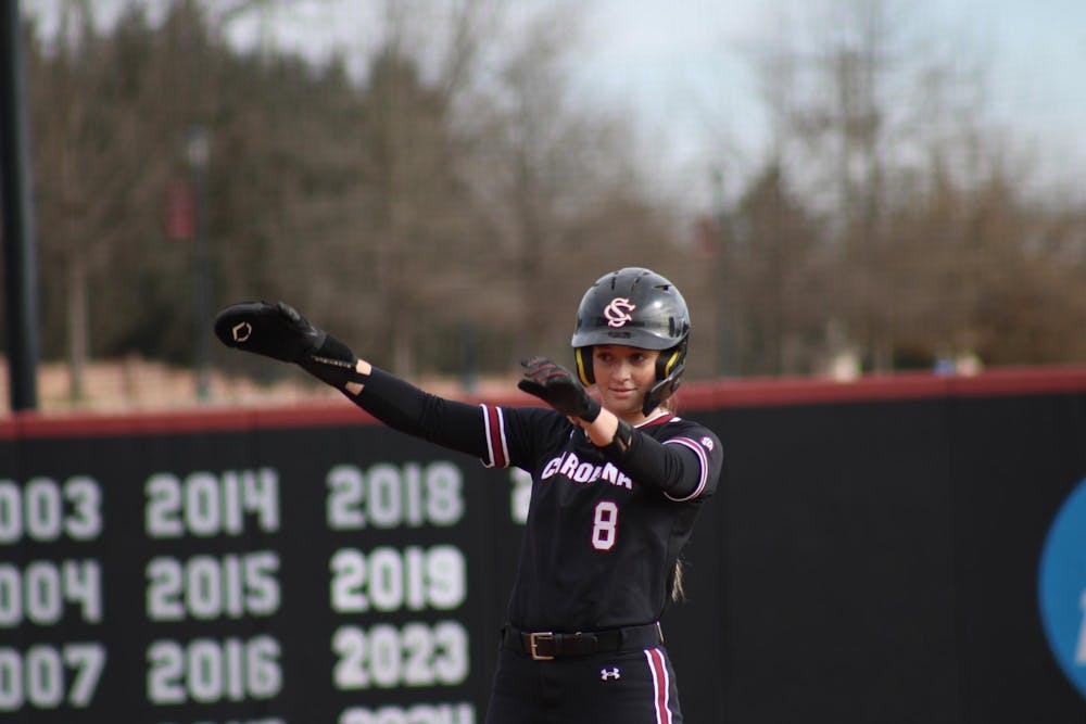 <p>Sophomore infielder Tate Davis shows some dance moves on second&nbsp;base&nbsp;during the softball game against&nbsp;Binghamton&nbsp;at the Carolina Softball Stadium on Feb. 8, 2026.&nbsp;The Gamecocks won with a final score of 9-1.&nbsp;&nbsp;</p>