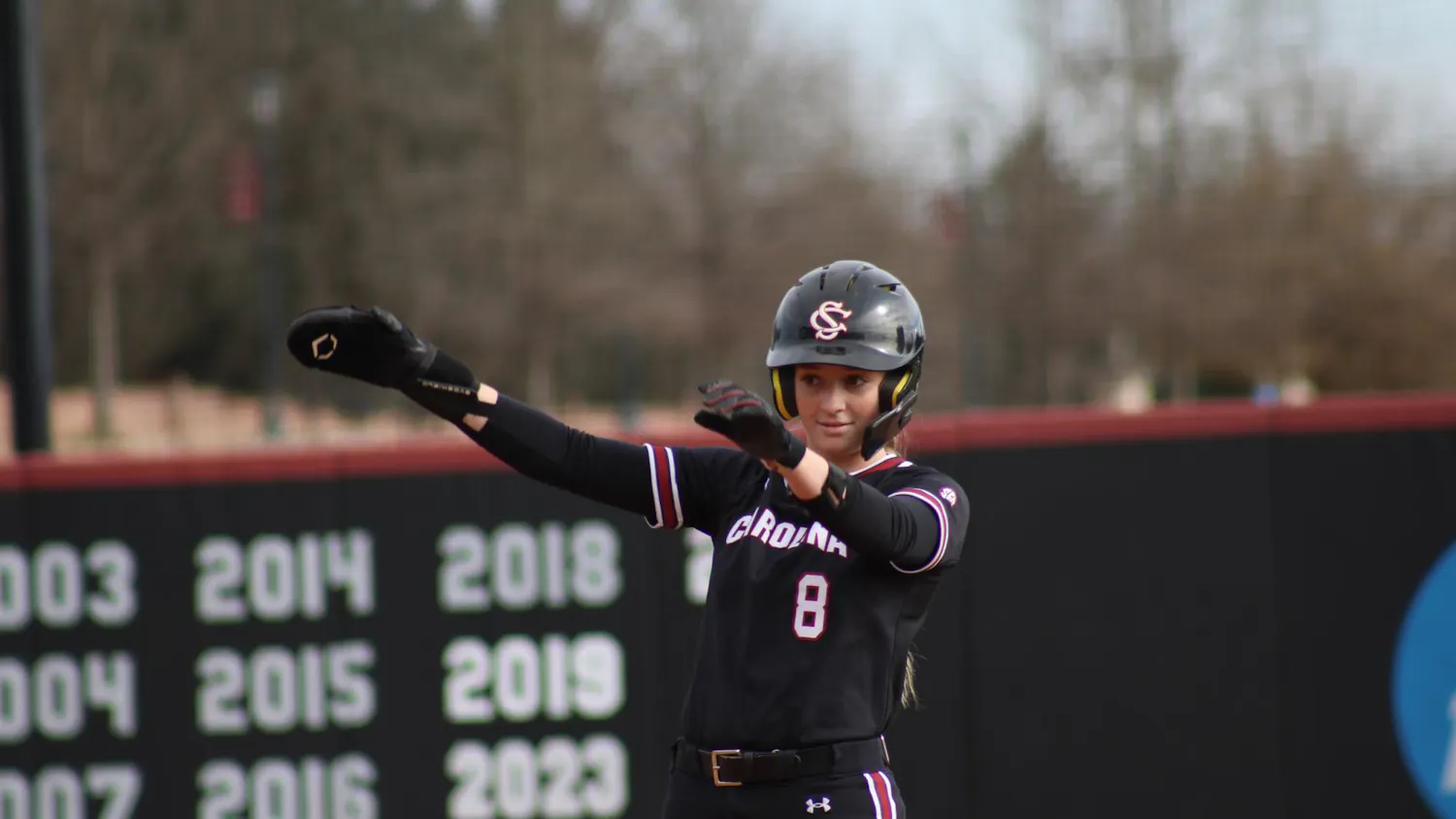 Sophomore infielder Tate Davis shows some dance moves on second base during the softball game against Binghamton at the Carolina Softball Stadium on Feb. 8, 2026. The Gamecocks won with a final score of 9-1. 
