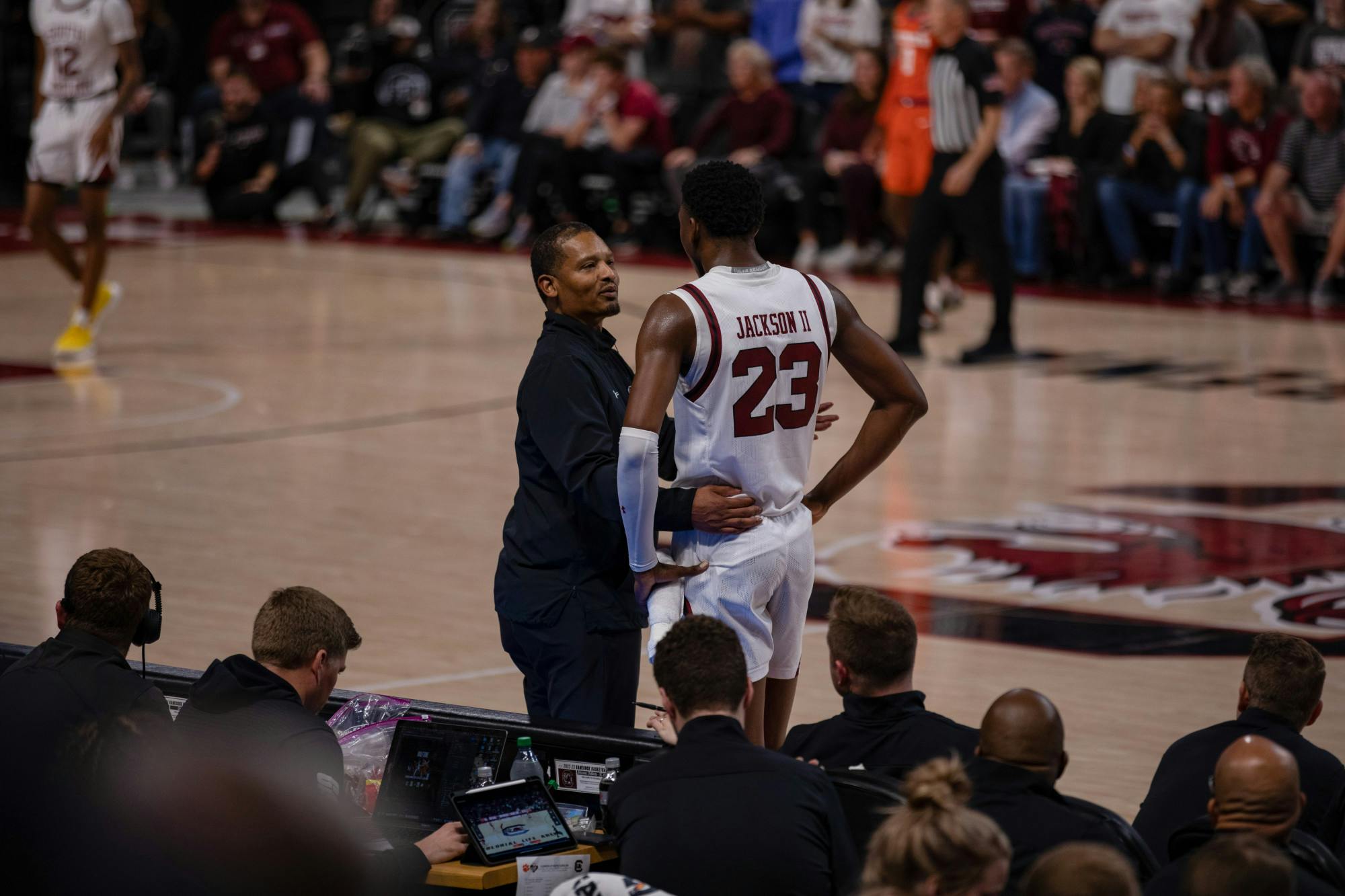 Head coach Lamont Paris and freshman forward GG Jackson talk before he checks back into the game against Clemson on Nov. 11, 2022. Jackson finished the game with 12 points, earning a total of 30 points after two games.