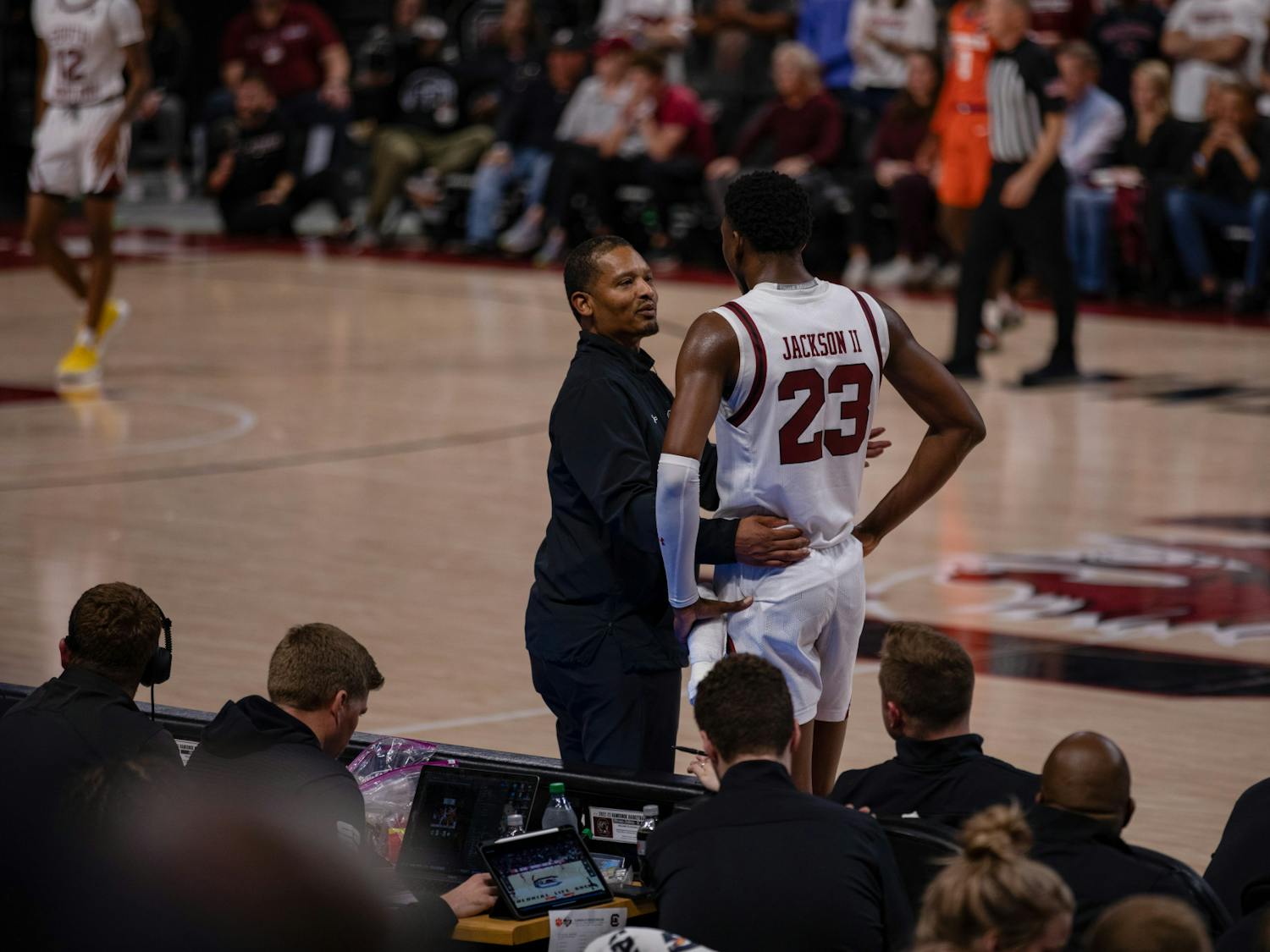 Head coach Lamont Paris and freshman forward GG Jackson talk before he checks back into the game against Clemson on Nov. 11, 2022. Jackson finished the game with 12 points, earning a total of 30 points after two games.