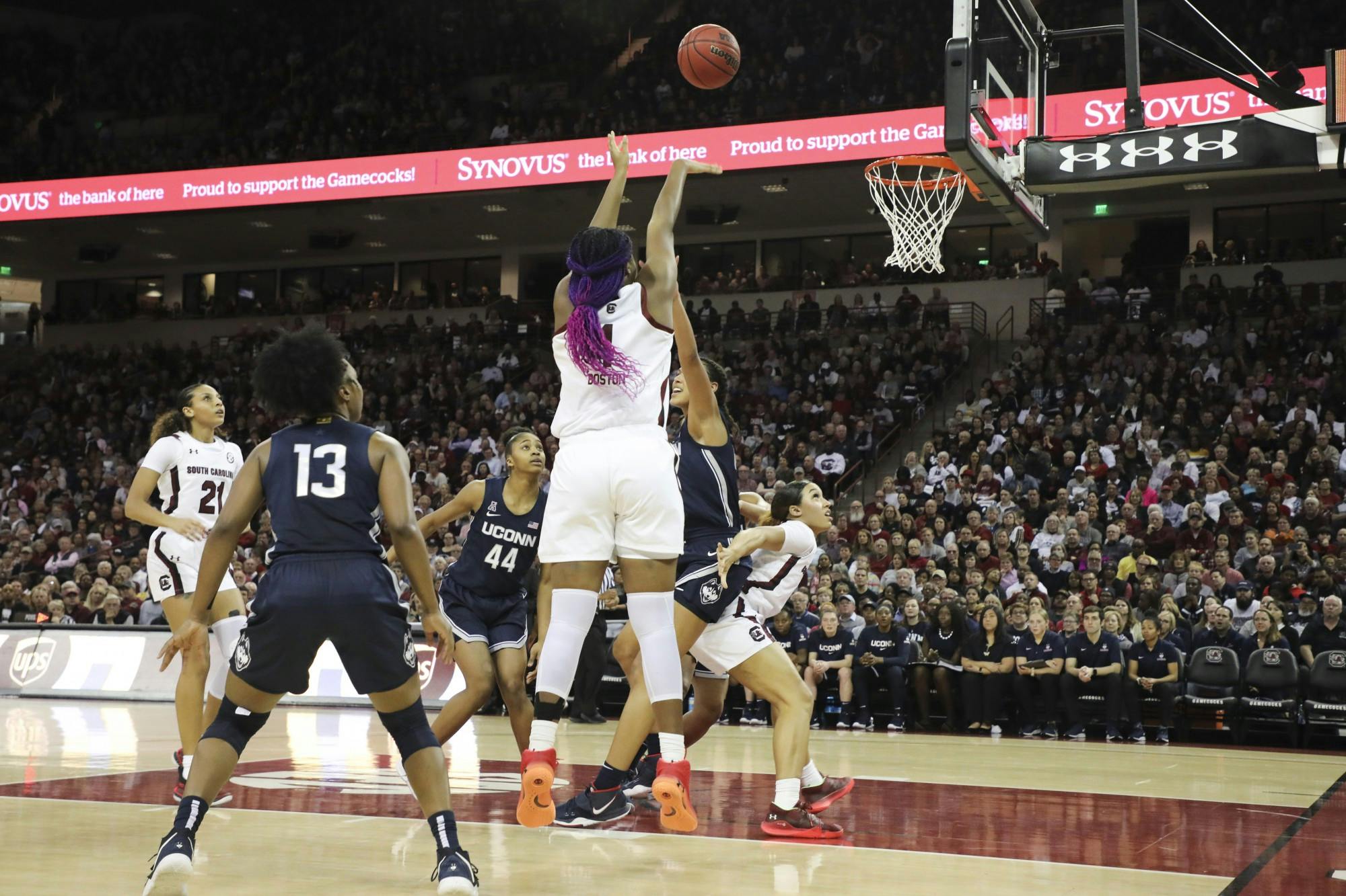 Freshman forward Aliyah Boston attempts to make a basket. Boston scored 13 points, 12 rebounds and one assist against UConn.