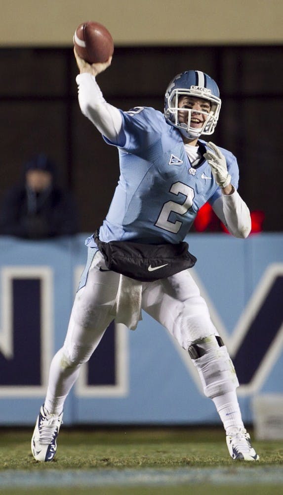 North Carolina quarterback Bryn Renner (2) releases a pass in the third quarter against Maryland on Saturday, November 24, 2012, at Kenen Stadium in Chapel Hill, North Carolina. The host Tar Heels won, 45-38. (Robert Willett/Raleigh News &amp; Observer/MCT)