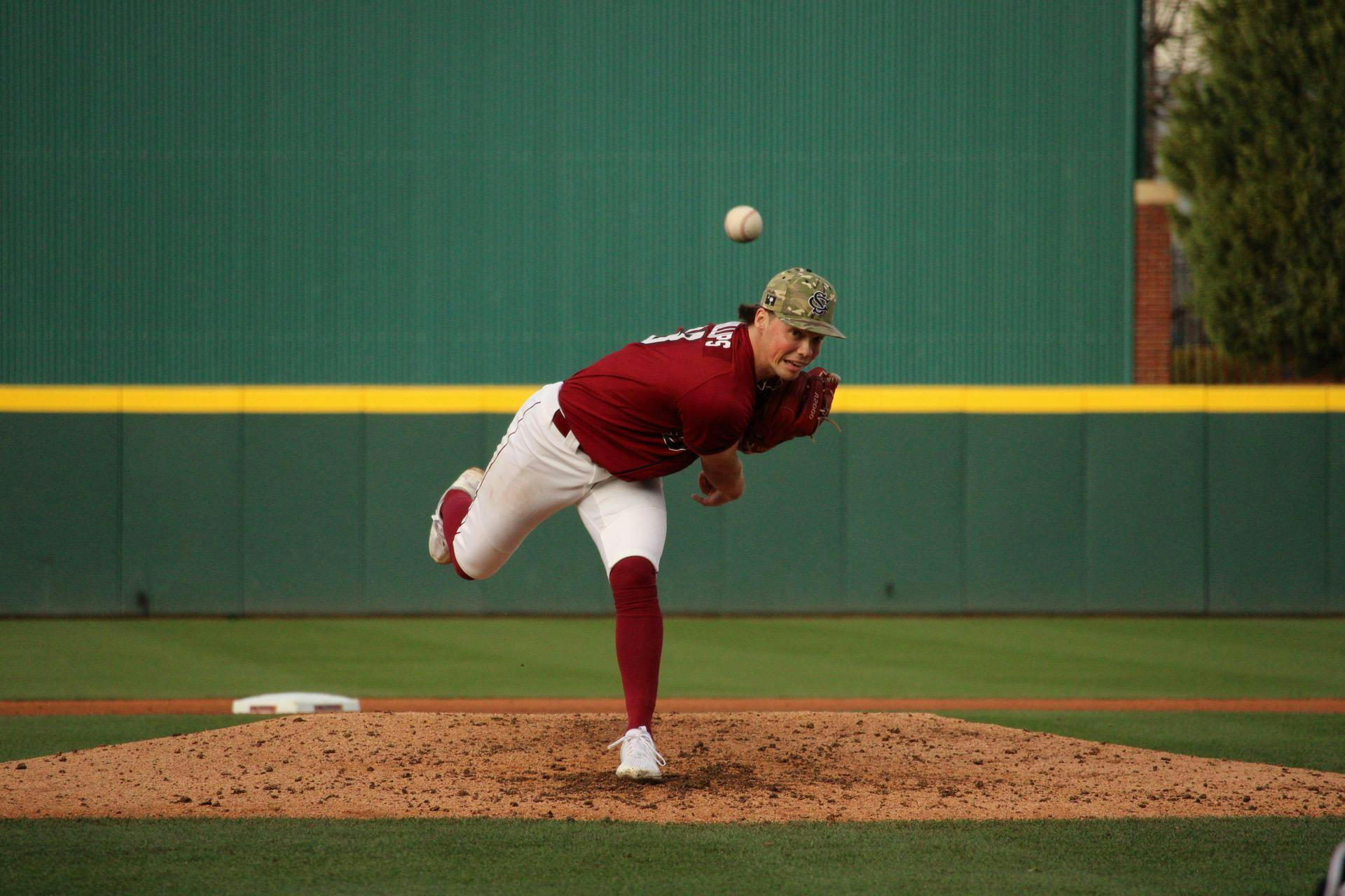 Junior pitcher Amp Phillips launches a ball during South Carolina’s game against Navy on Feb. 21, 2026. The Gamecocks shutout the Navy Midshipmen 8-0.