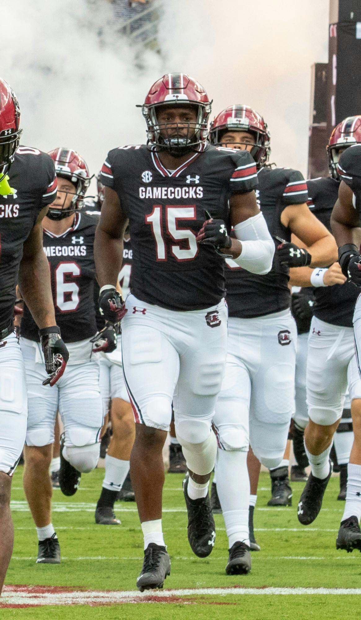 FILE—Senior linebacker Aaron Sterling runs onto the field before the Vanderbilt game at Williams-Brice stadium on Oct. 21, 2021. The Gamecocks beat the Commodores, 20-21.