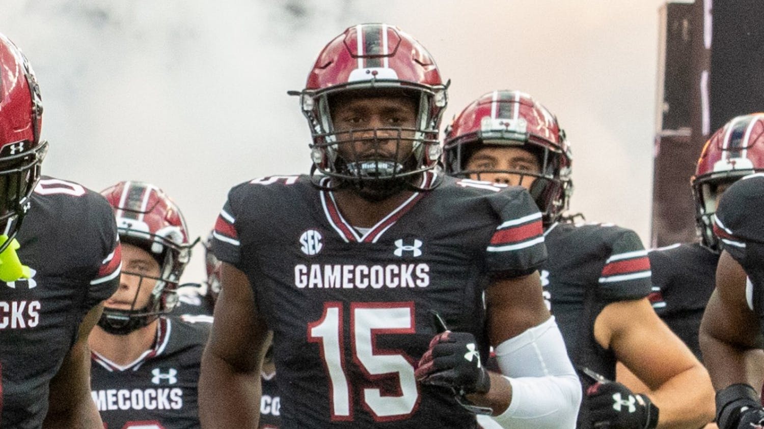 FILE—Senior linebacker Aaron Sterling runs onto the field before the Vanderbilt game at Williams-Brice stadium on Oct. 21, 2021. The Gamecocks beat the Commodores, 20-21.