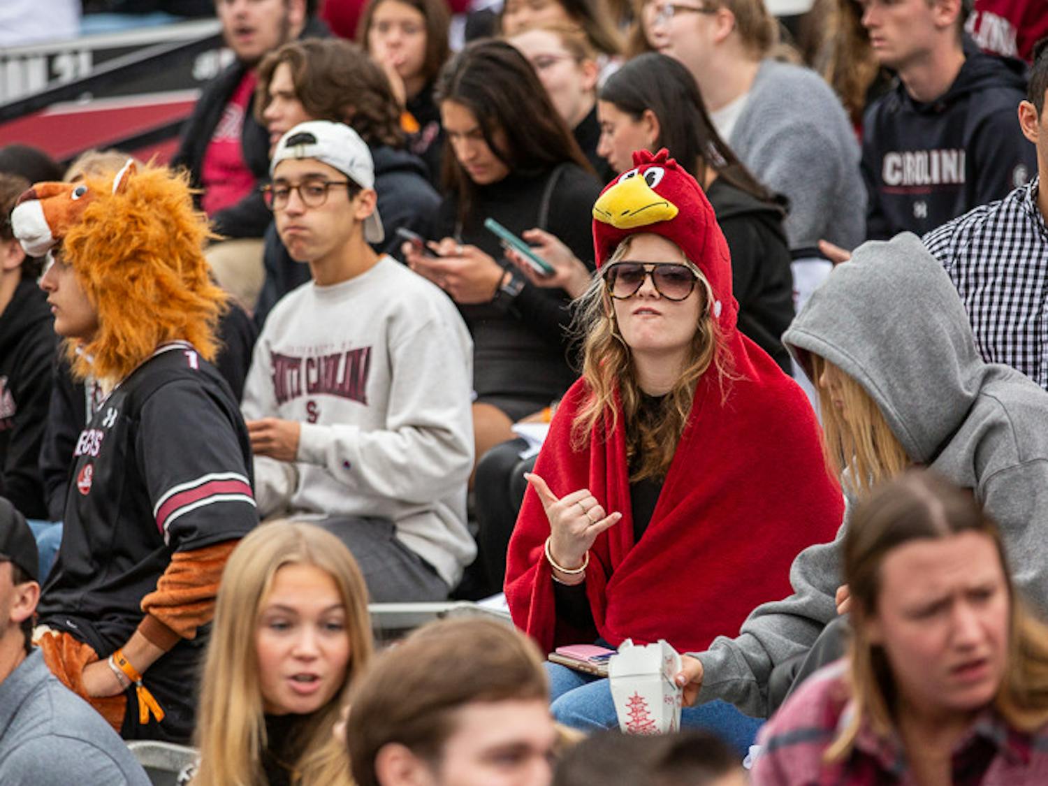 Second-year public health student Blakely Paradis wears a Cocky costume during the South Carolina and Missouri game on Oct. 29, 2022. The game fell on the weekend of Halloween, prompting many students to dawn their costumes for the game.&nbsp;