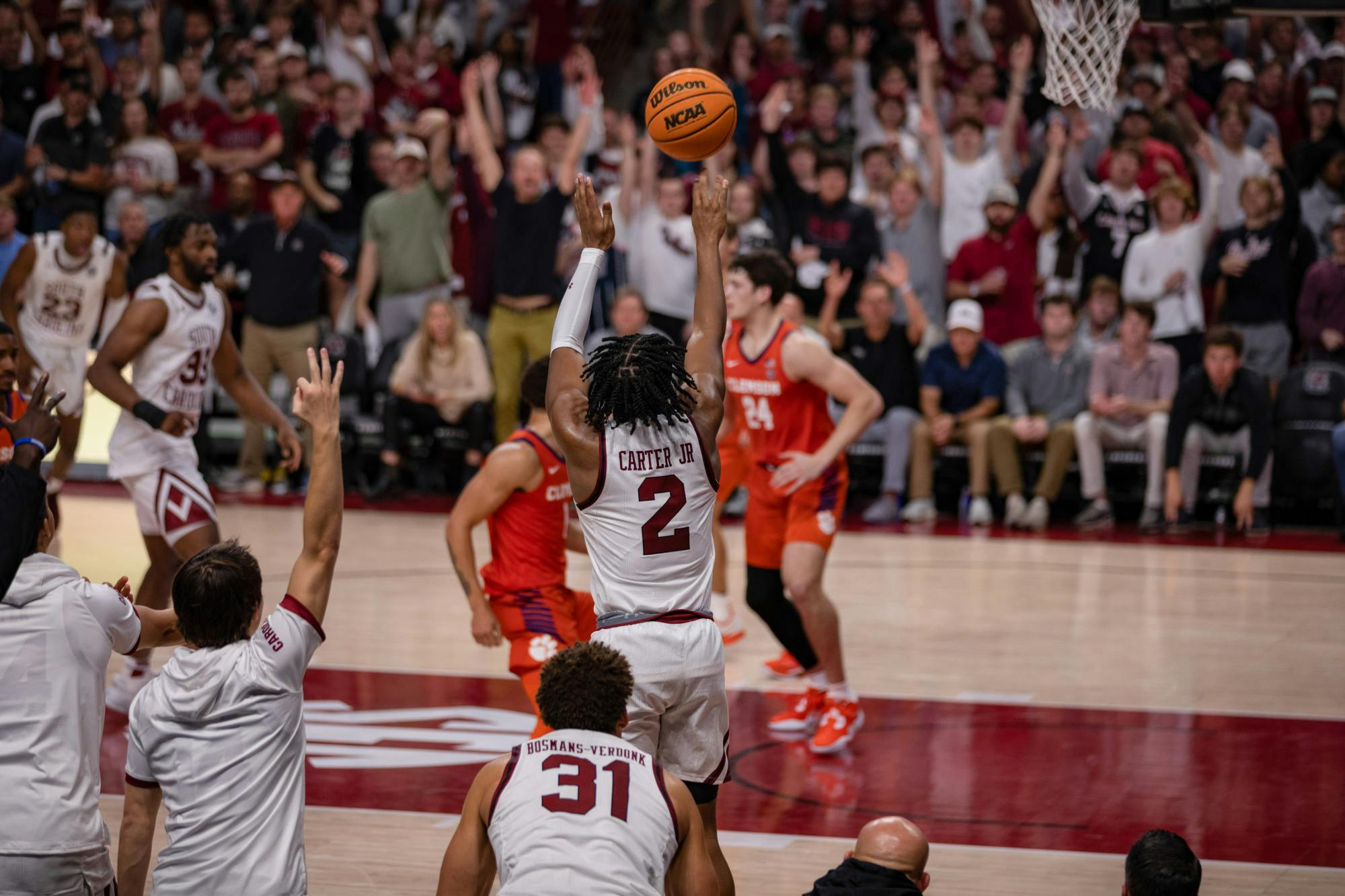 Senior guard Chico Carter attempts a 3-pointer in the second half of South Carolina's matchup with Clemson on Nov. 11, 2022. Carter had 16 points in the Gamecocks' 60-58 win.&nbsp;