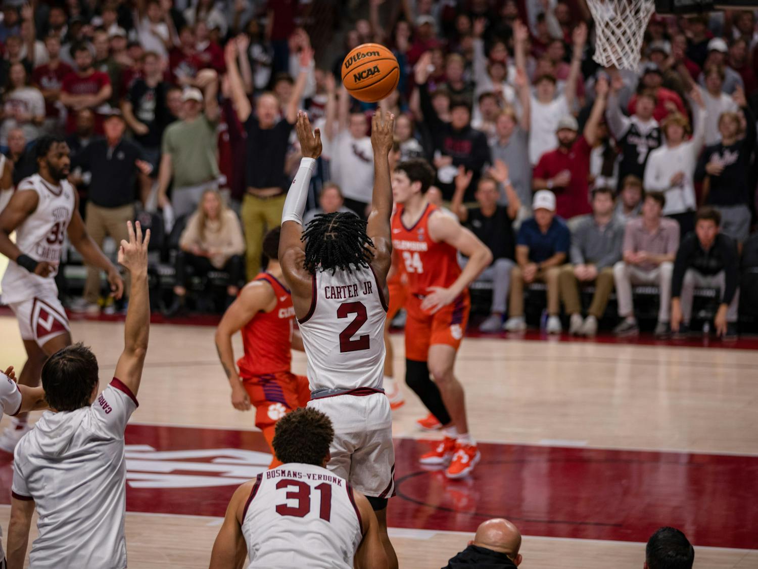 Senior guard Chico Carter attempts a 3-pointer in the second half of South Carolina's matchup with Clemson on Nov. 11, 2022. Carter had 16 points in the Gamecocks' 60-58 win.&nbsp;