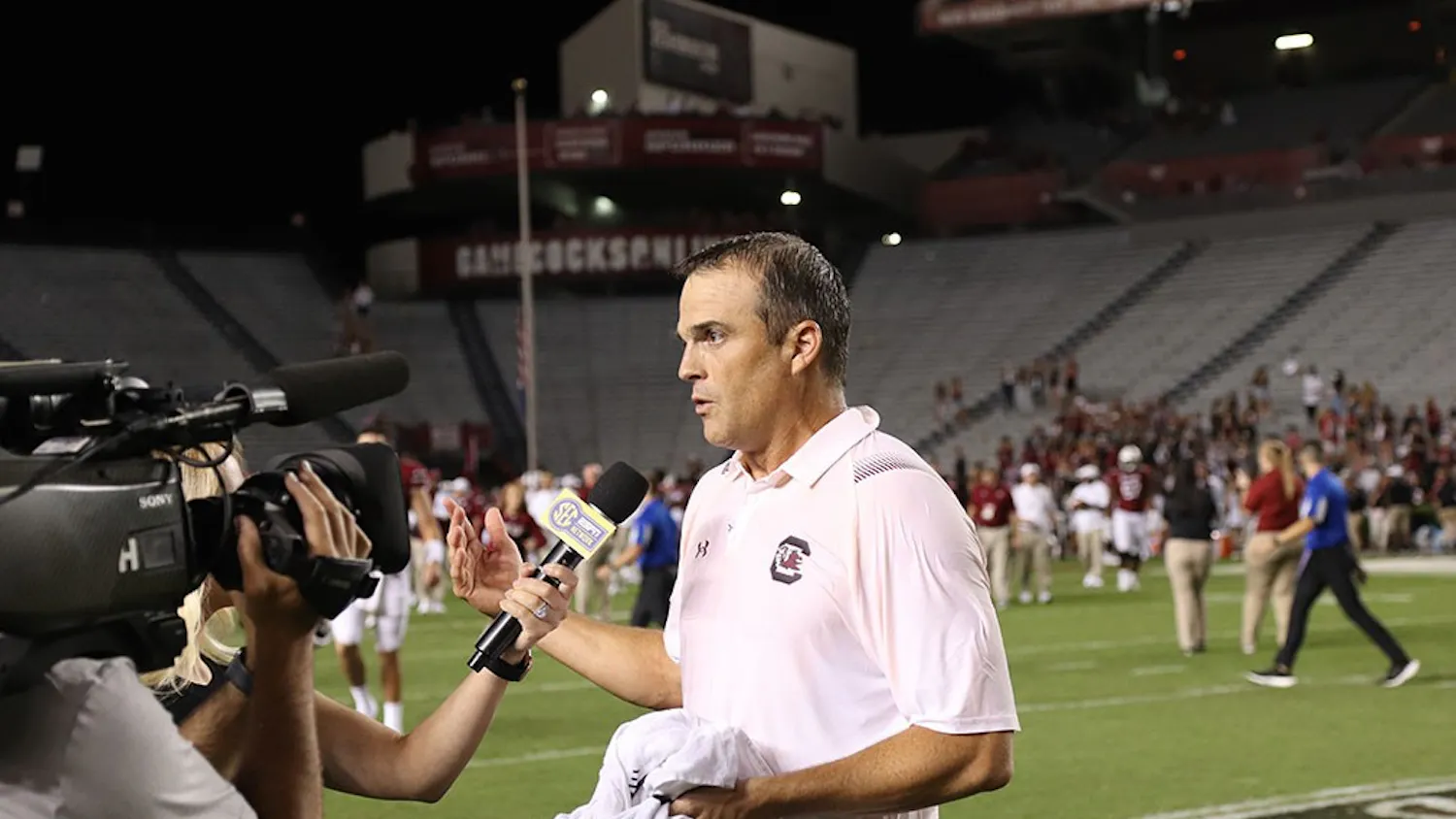 Head coach Shane Beamer speaking to the press before the game against Eastern Illinois on Sept. 4.