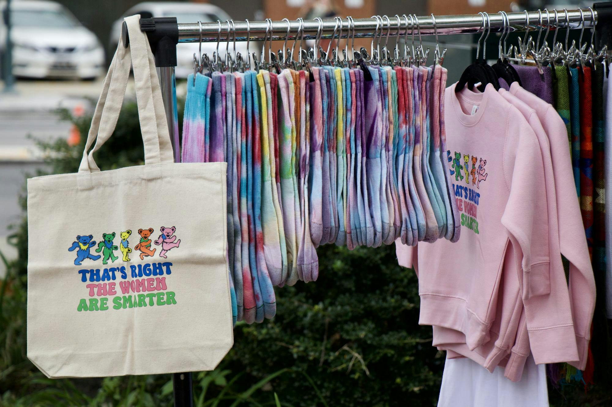 Zosh Gift Shop, one of the many vendors at the Oct. 5, 2025, JerryFest, displays a colorful clothing rack. Living in Charlotte for about twenty years, this is the third JerryFest that owners Mitchell and Jessica Sharp have attended as vendors.