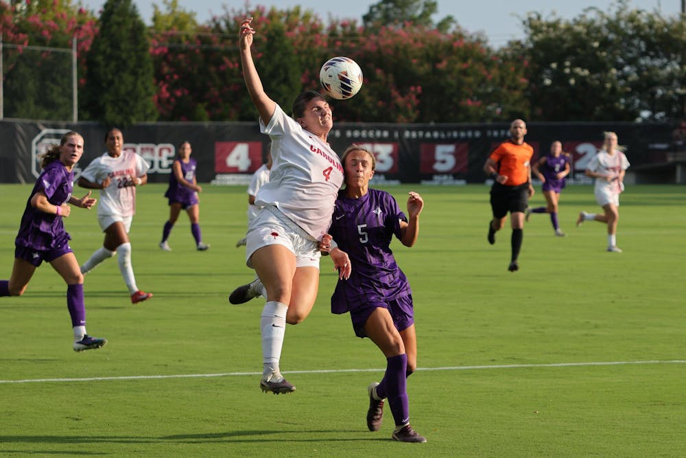 <p>Senior forward Maryn Wolf heads the ball against a Furman player at Eugene E. Stone III Stadium on Aug. 23, 2026. The Gamecocks went on to defeat Furman 4-0.</p>