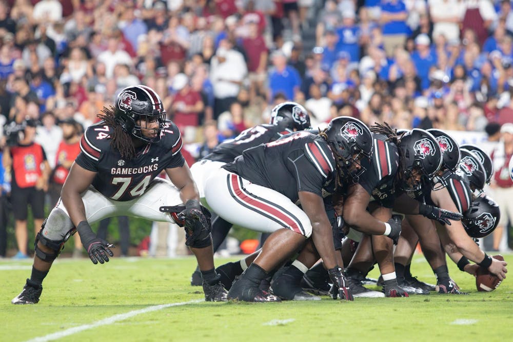 <p>FILE — Junior offensive lineman Josiah Thompson lines up for the extra point after a touchdown against University of Kentucky at Williams-Brice Stadium on Sept. 27, 2025. The Gamecocks went 5/5 for points after touchdowns against the Wildcats.</p>