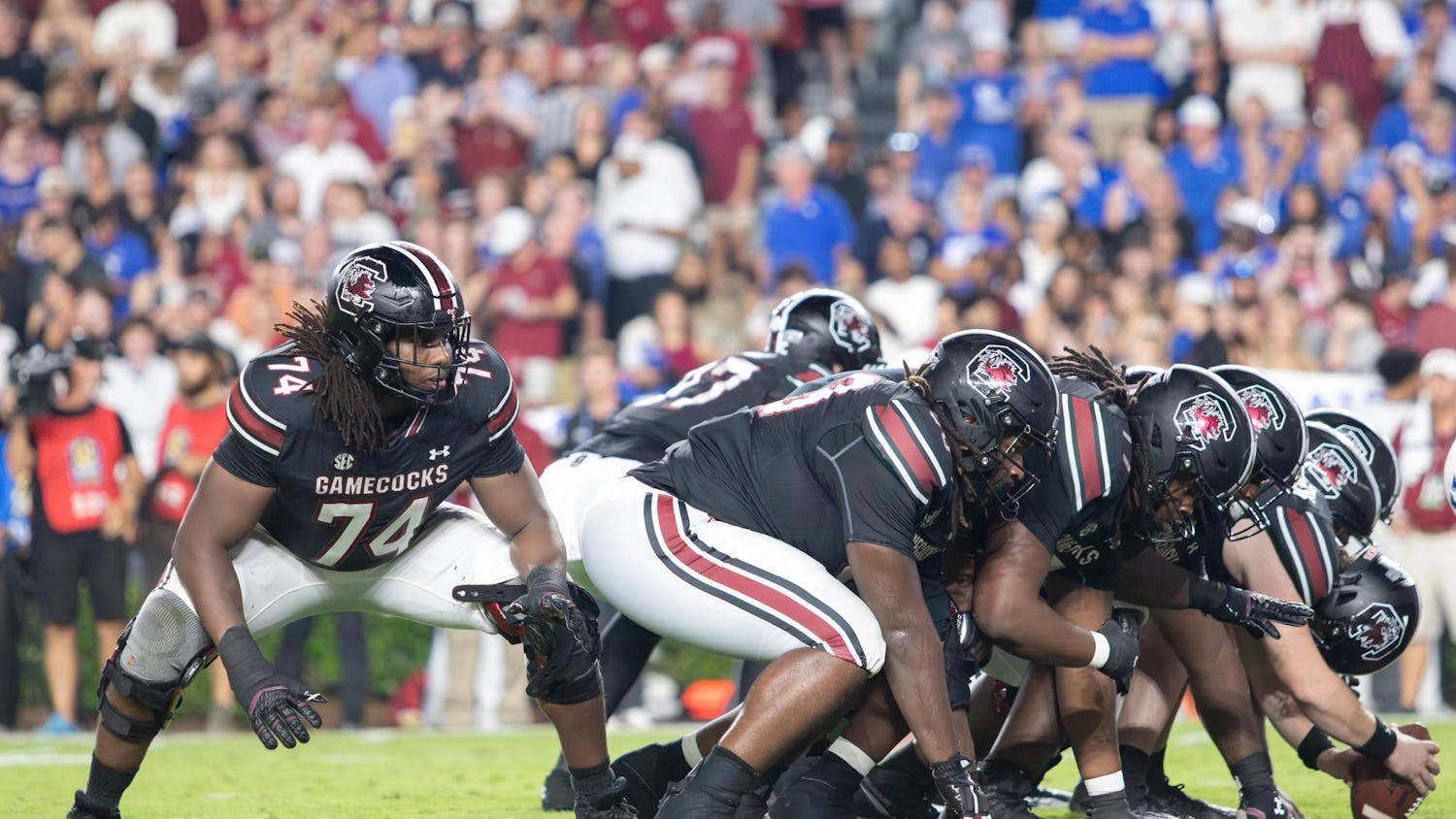 FILE — Junior offensive lineman Josiah Thompson lines up for the extra point after a touchdown against University of Kentucky at Williams-Brice Stadium on Sept. 27, 2025. The Gamecocks went 5/5 for points after touchdowns against the Wildcats.