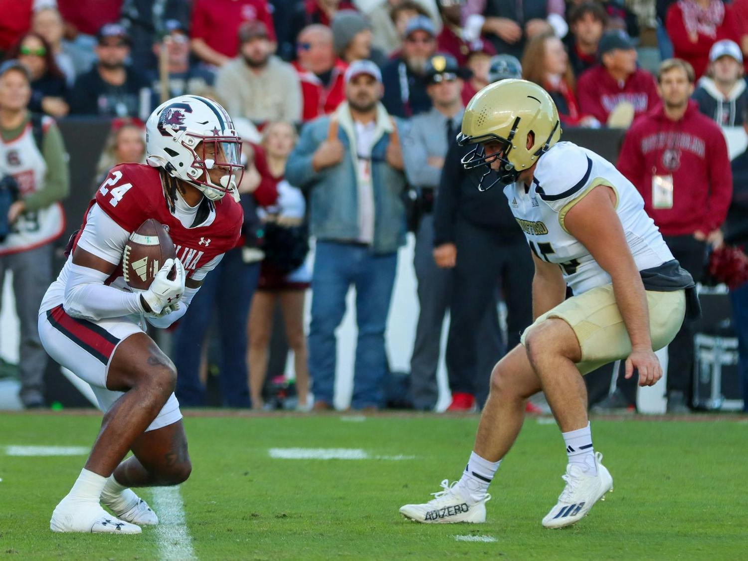 FILE — Then-sophomore defensive back Jalon Kilgore receives the ball after a punt from the Wofford Terriers during the final regular conference game of the 2024 season on Nov. 23, 2024. Kilgore is one of the returning defensive backs for the Gamecocks this season.