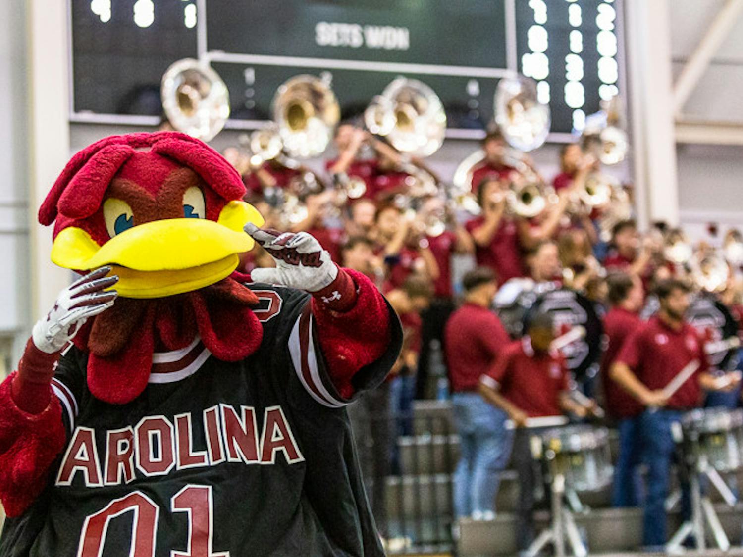 Cocky dances during the South Carolina band's performance at the matchup against Ole Miss on Nov. 5, 2022. The band acts as a moral boost for the players as fans, getting the crowd hyped between plays.&nbsp;