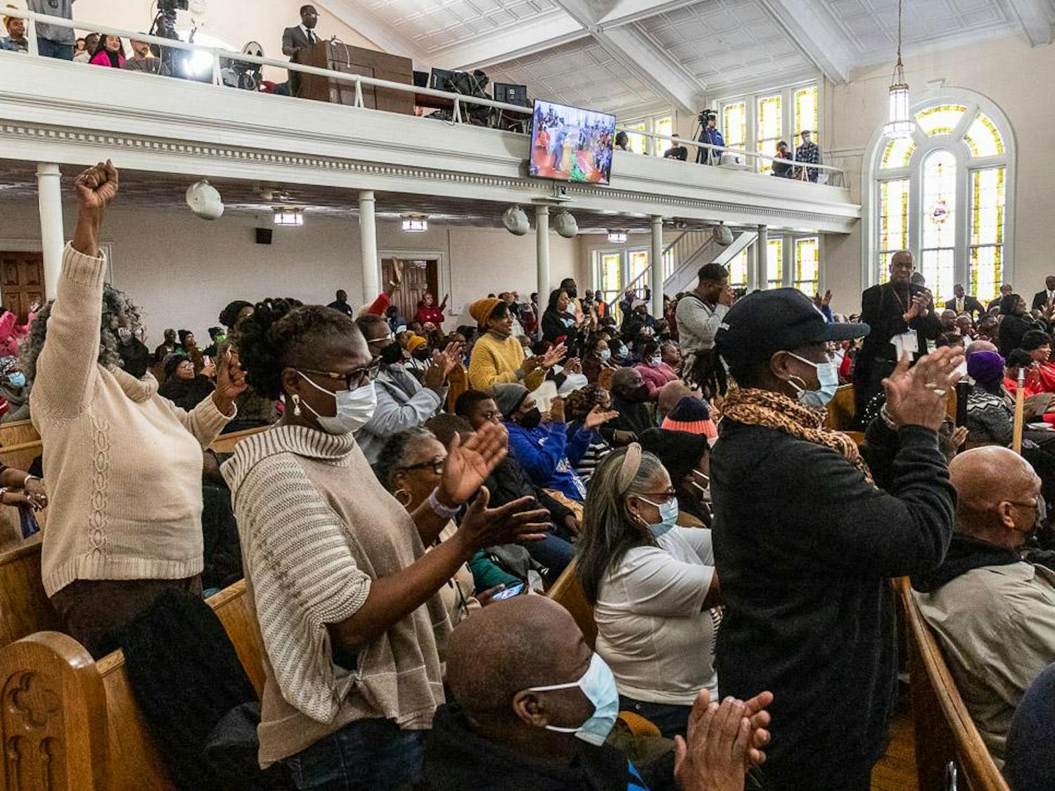 Audience members clap and cheer after U.S. House Democratic Leader Hakeem Jeffries finishes his keynote speech at the Martin Luther King Jr. Statewide Prayer Service at Zion Baptist Church on Jan. 15, 2024. The service featured speeches from religious and civil rights leaders from across South Carolina, discussing Dr. Martin Luther King Jr.’s legacy, civil rights and God’s role in overcoming racial inequality.